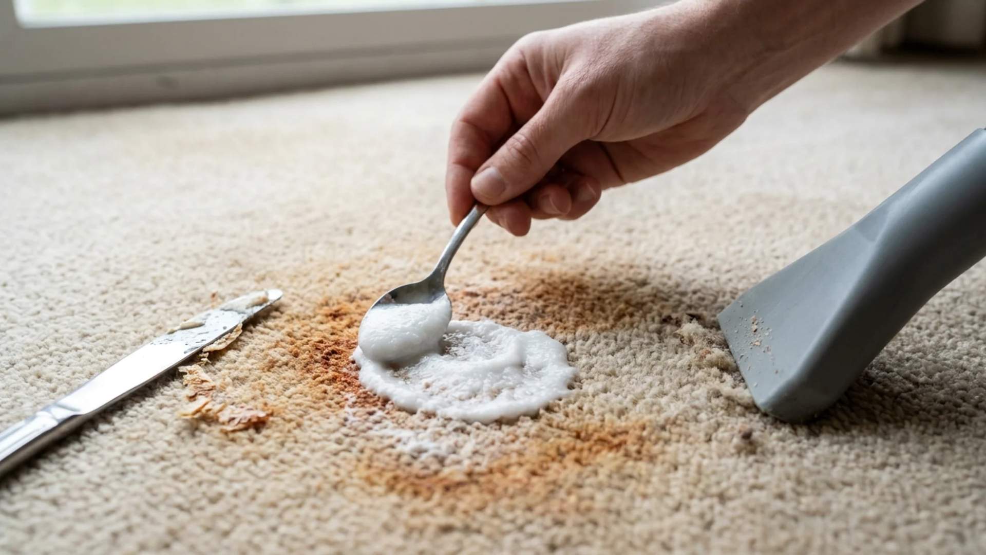 Gloved hand applying white vinegar and salt paste to a rust stain on beige carpet with a towel nearby.