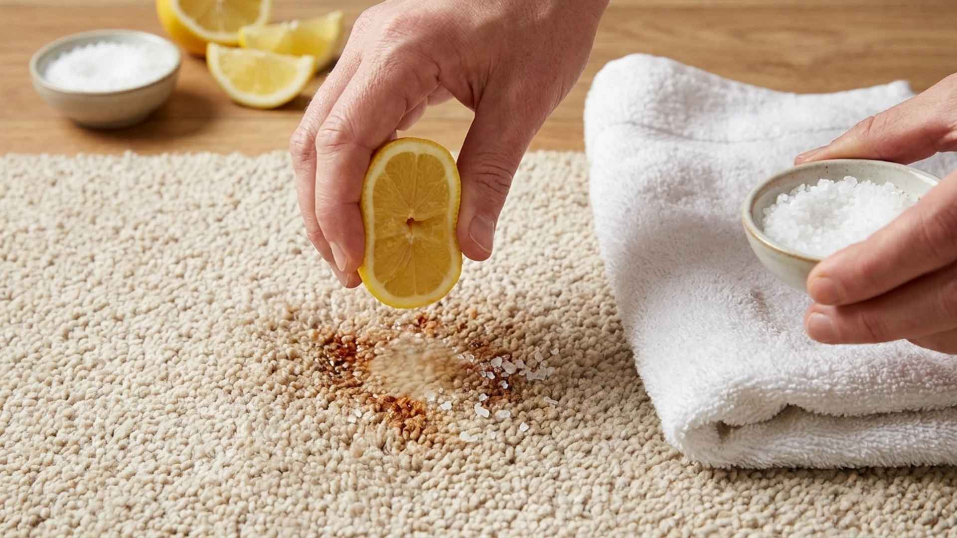 Lemon juice and salt being prepared on a rust-stained carpet, gloved hand holding lemon half.