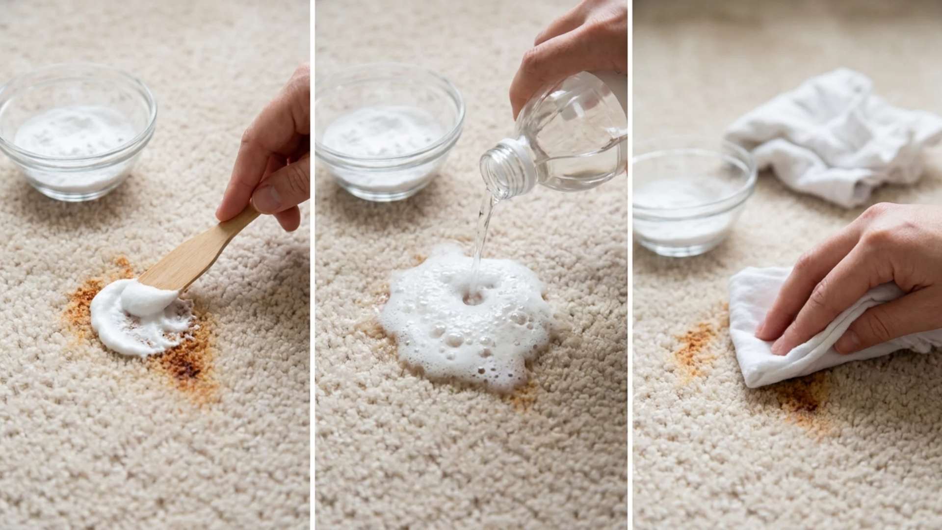 Pouring vinegar over baking soda sprinkled on rust stain on carpet, forming fizz.