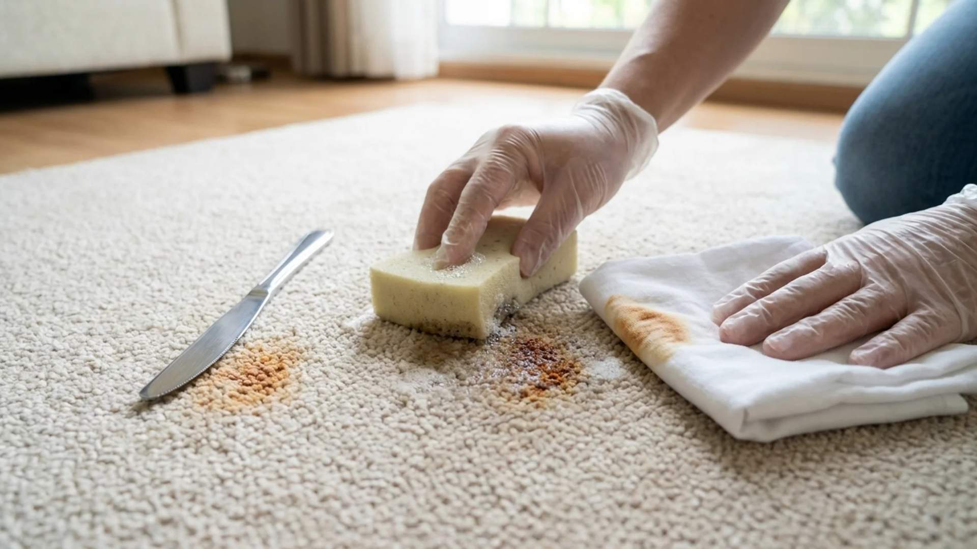 Gloved hand scrubbing rust stain on carpet using a sponge and dish soap.