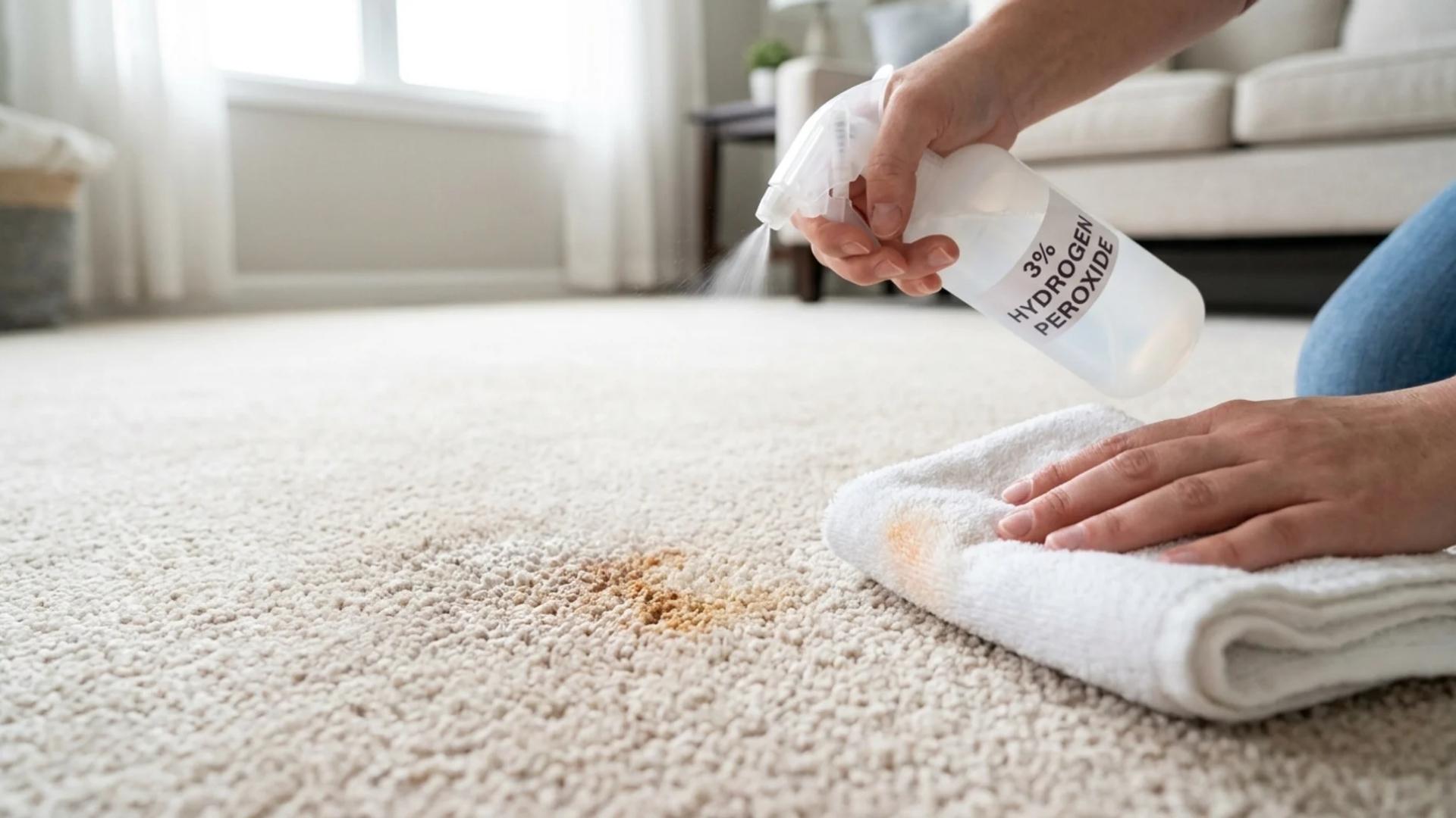Spraying 3% hydrogen peroxide on rust stain on carpet with towel ready for blotting.