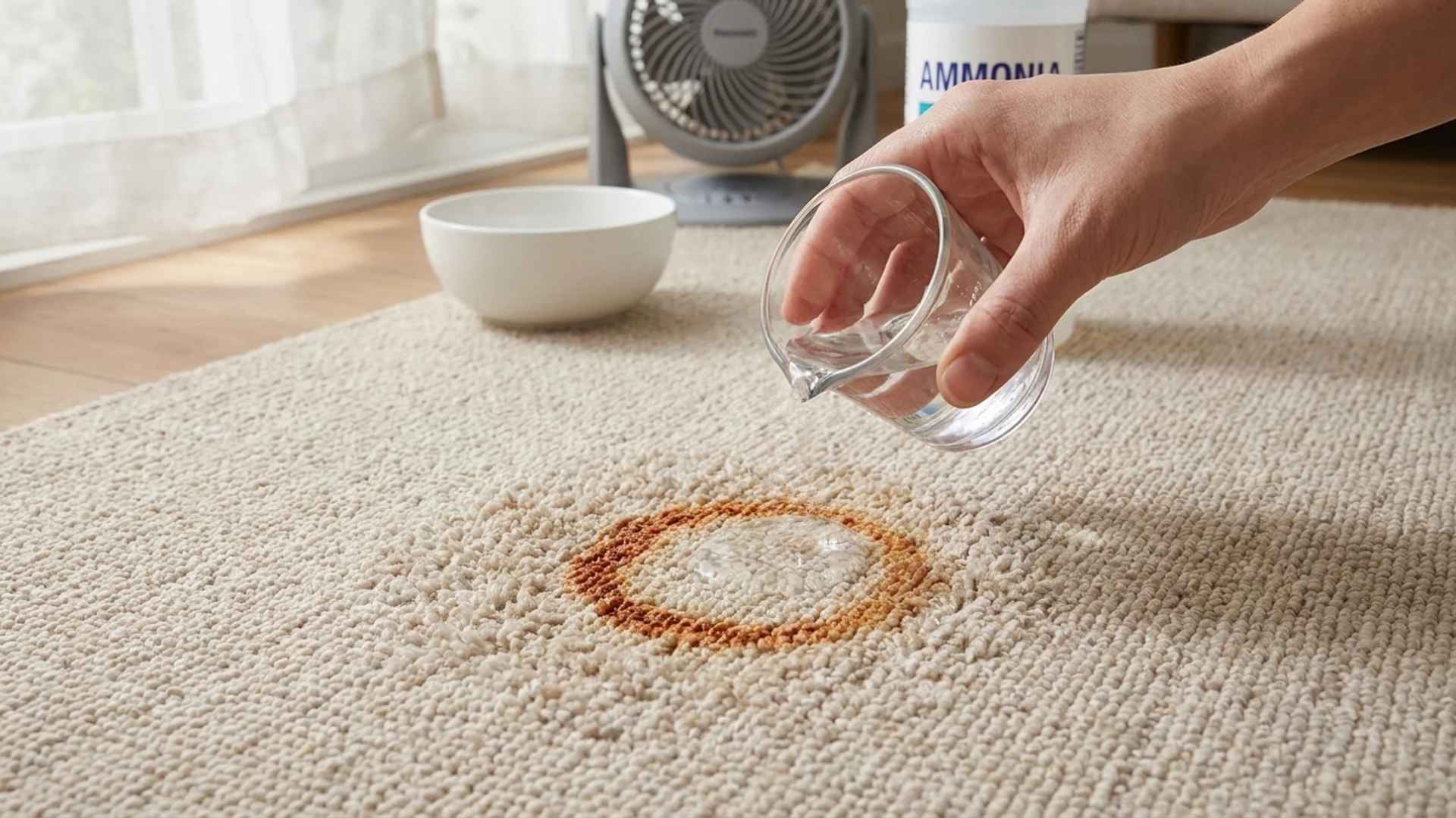 Pouring diluted ammonia solution onto carpet rust stain with bowl in the background.