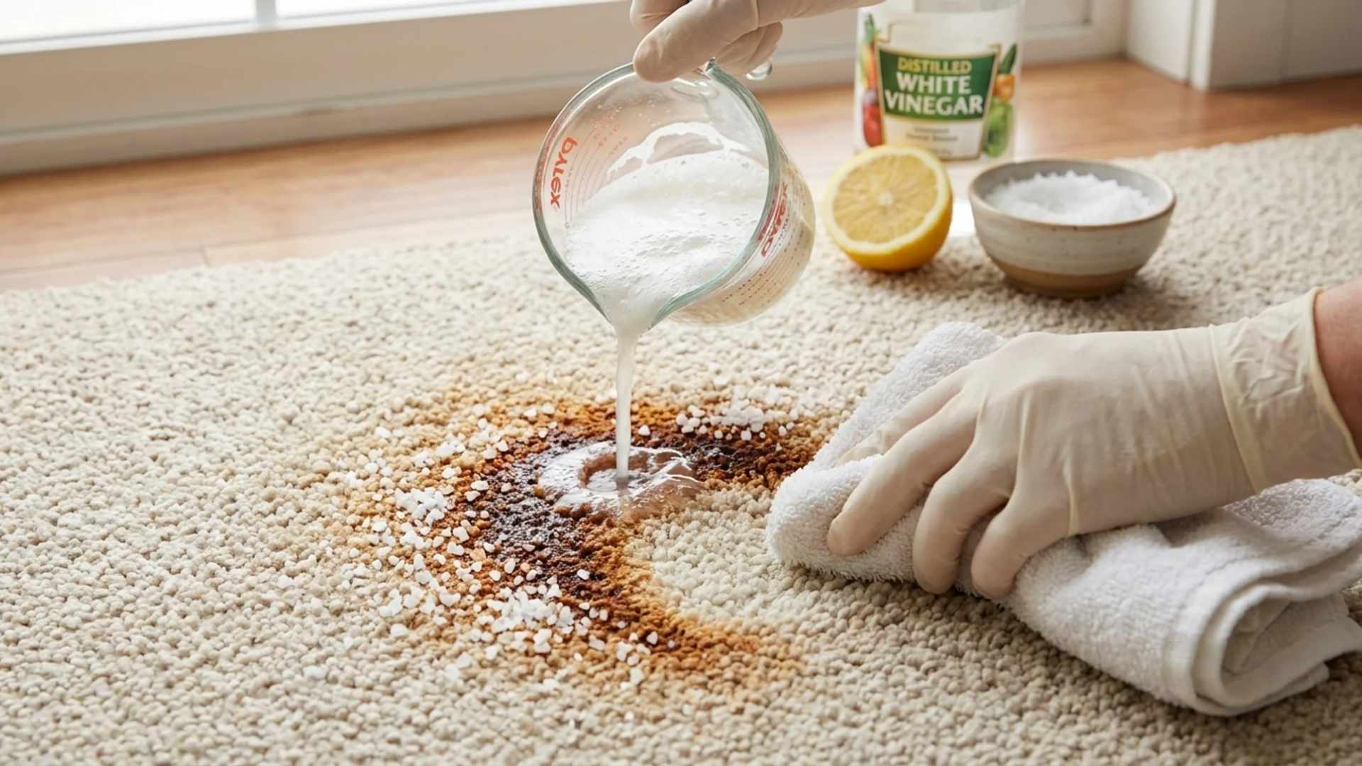 Applying combined rust removal mixture to carpet with towel ready for blotting.