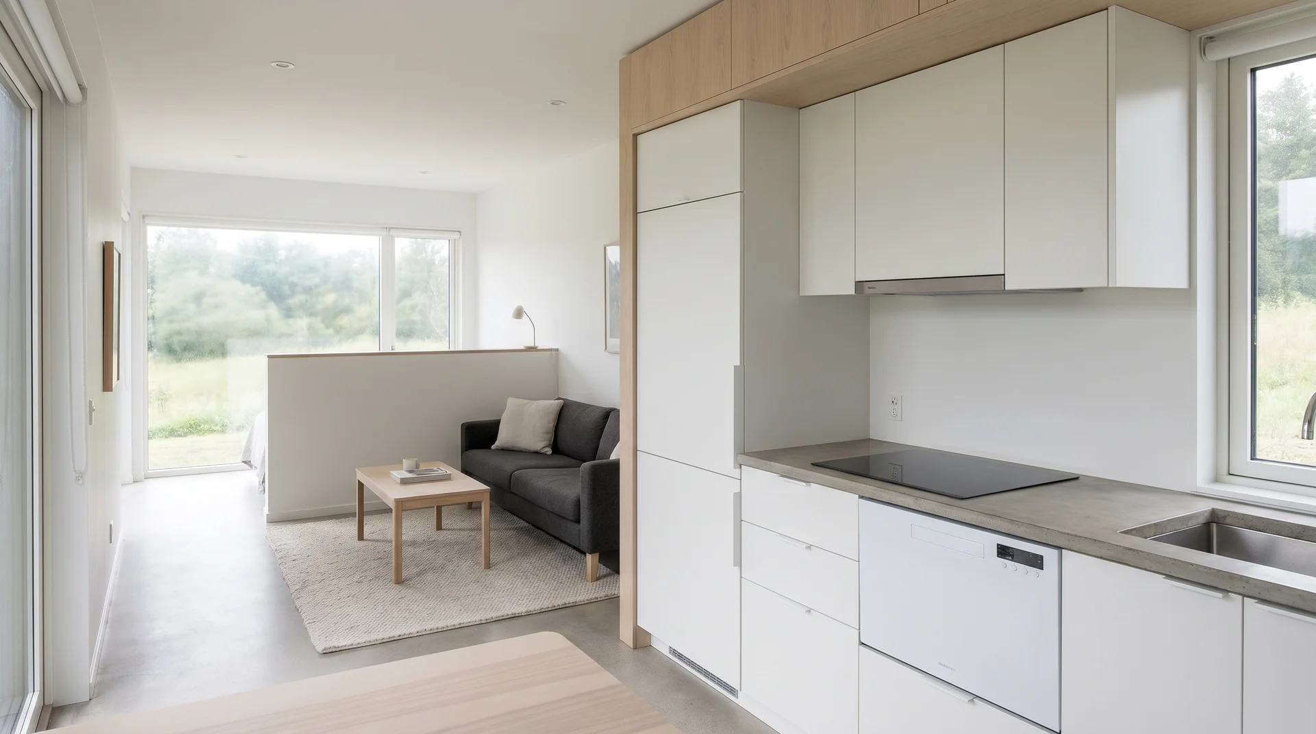 Minimalist white kitchen with flat-panel cabinets looking over a low partition wall into a bright living room with a dark sofa.