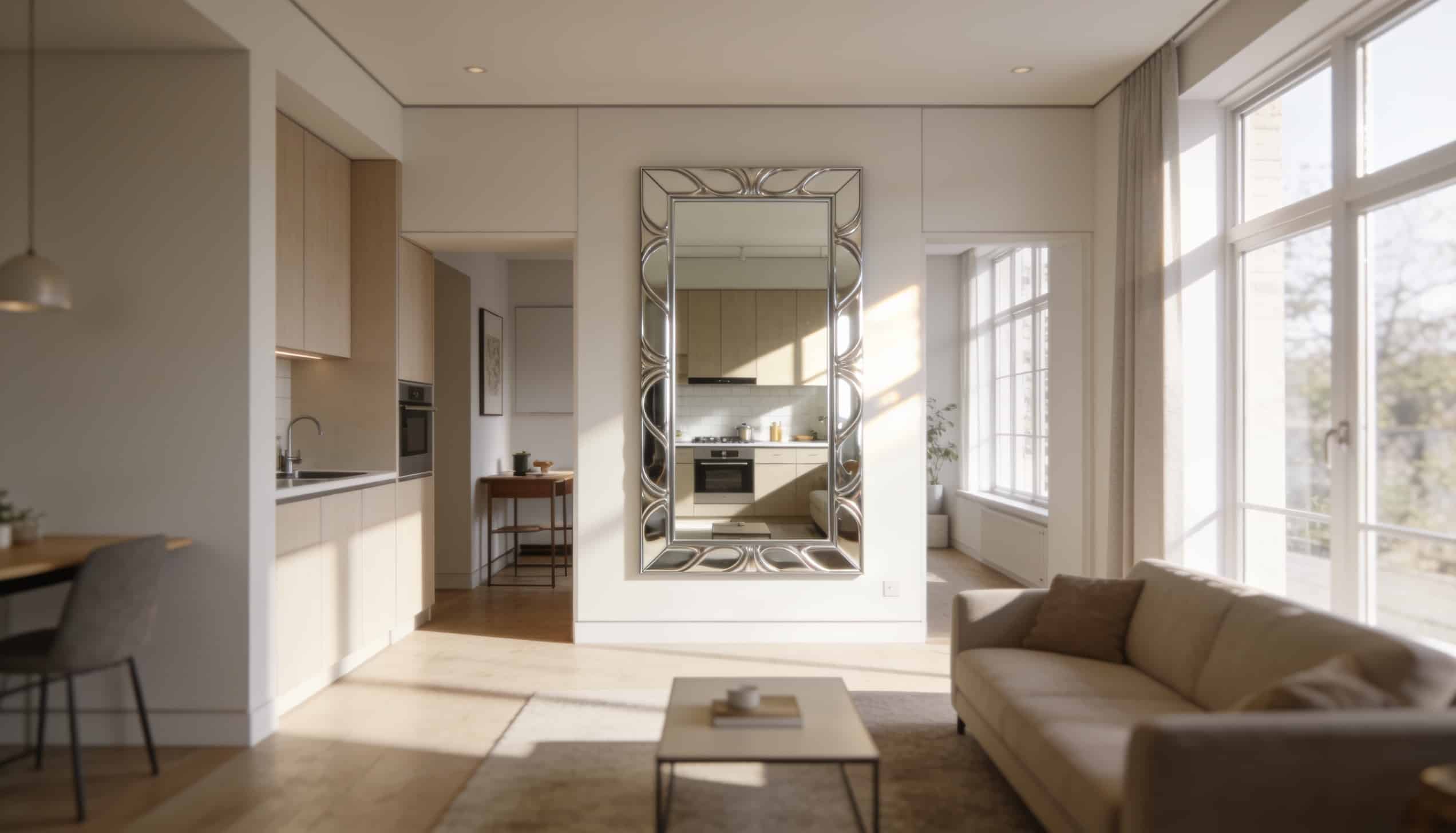 Large rectangular mirror on a living room wall reflecting a bright kitchen layout and a modern beige sofa.