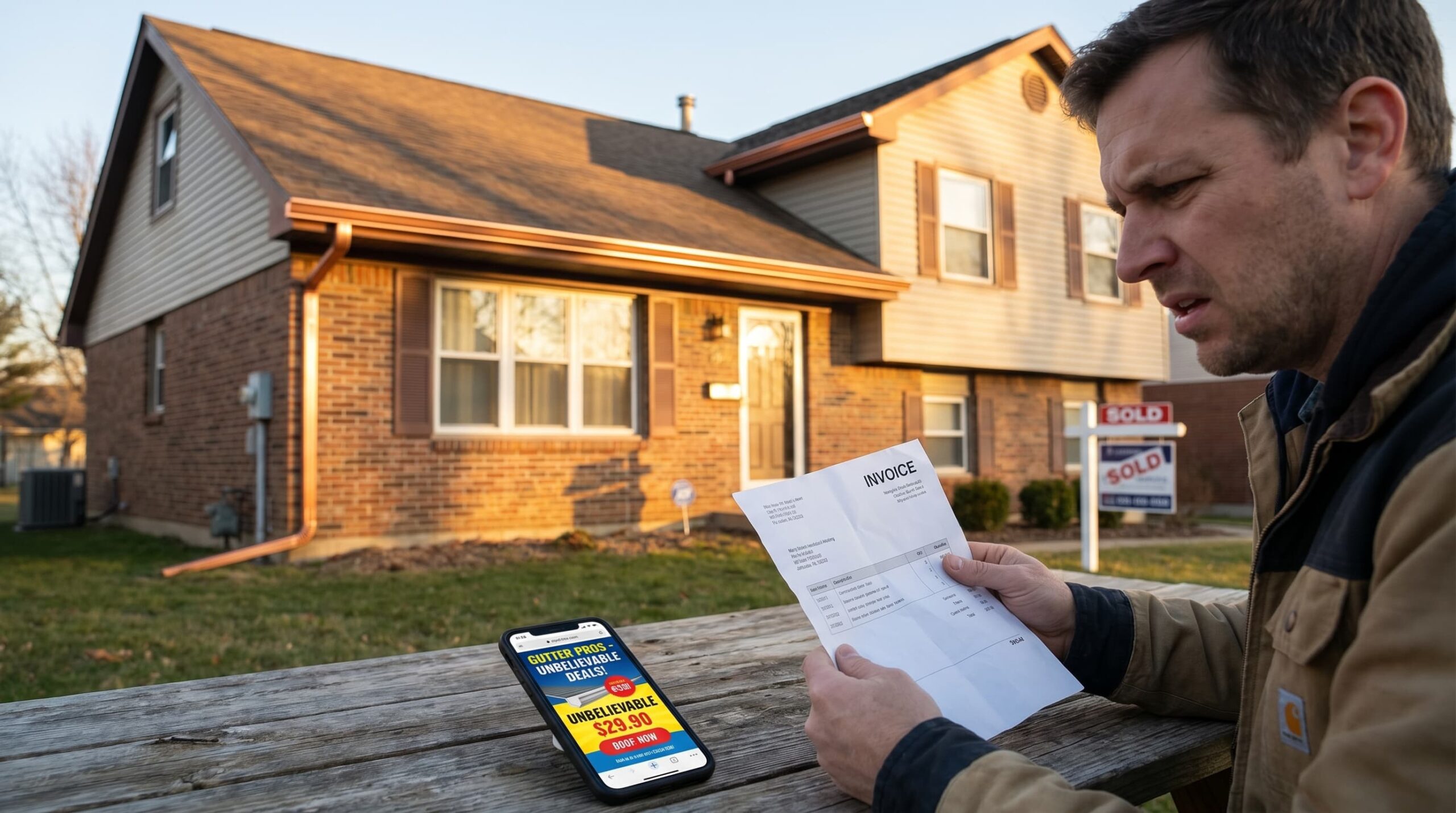 A homeowner looks confused while comparing seamless gutters with inconsistent or misleading price tags.