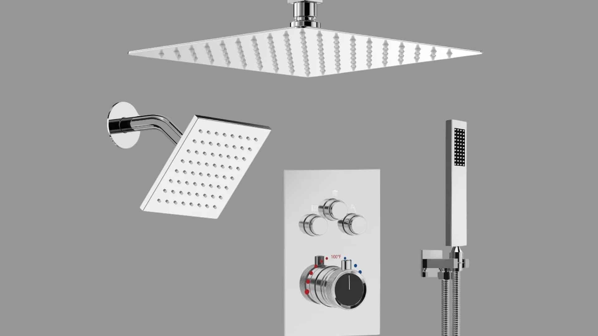 Chrome mixer shower system featuring overhead rain shower, wall-mounted showerhead, handheld wand, and temperature control valve.