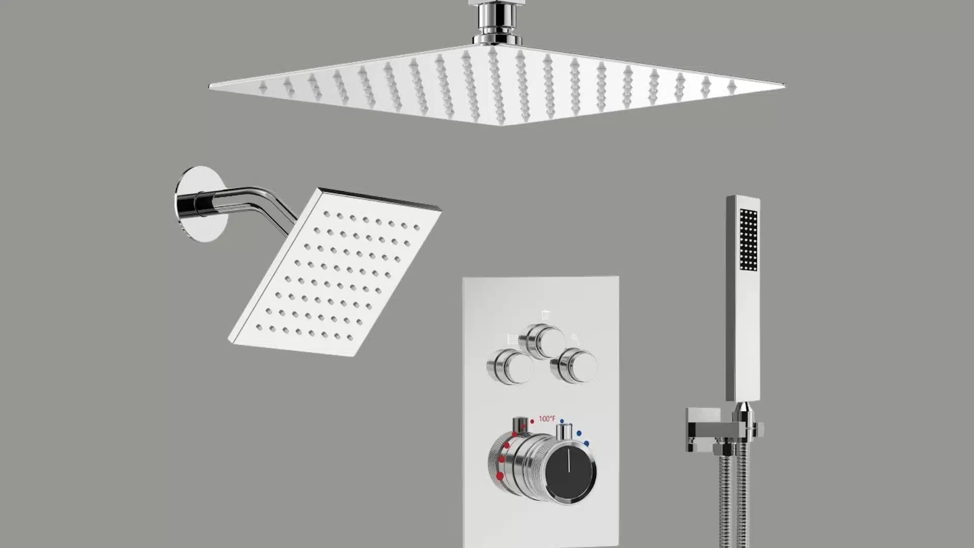 Chrome mixer shower system featuring overhead rain shower, wall-mounted showerhead, handheld wand, and temperature control valve.