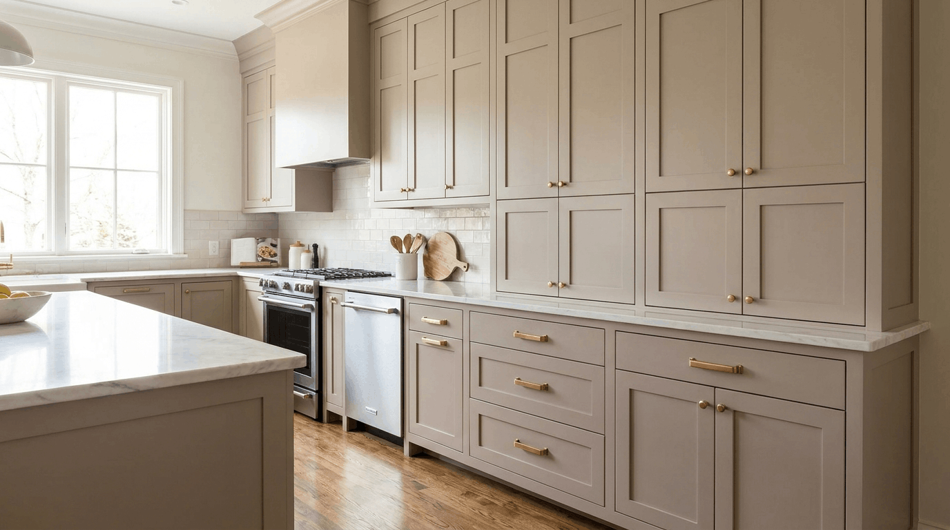 Kitchen using inset upper cabinets with full-overlay lower cabinets together.
