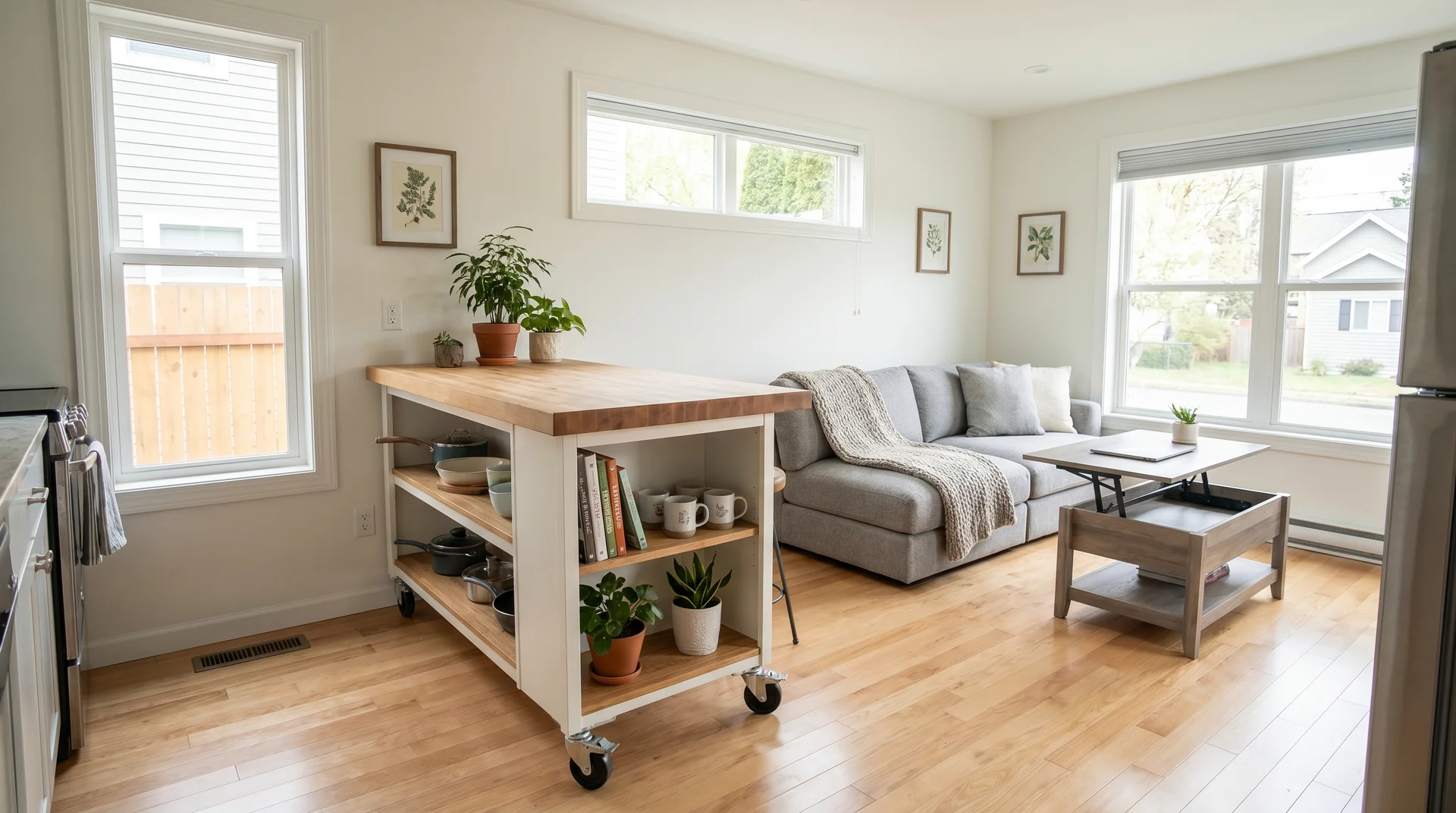 A mobile kitchen island on wheels with a wood top separating a compact kitchen from a bright living room with a grey sofa.