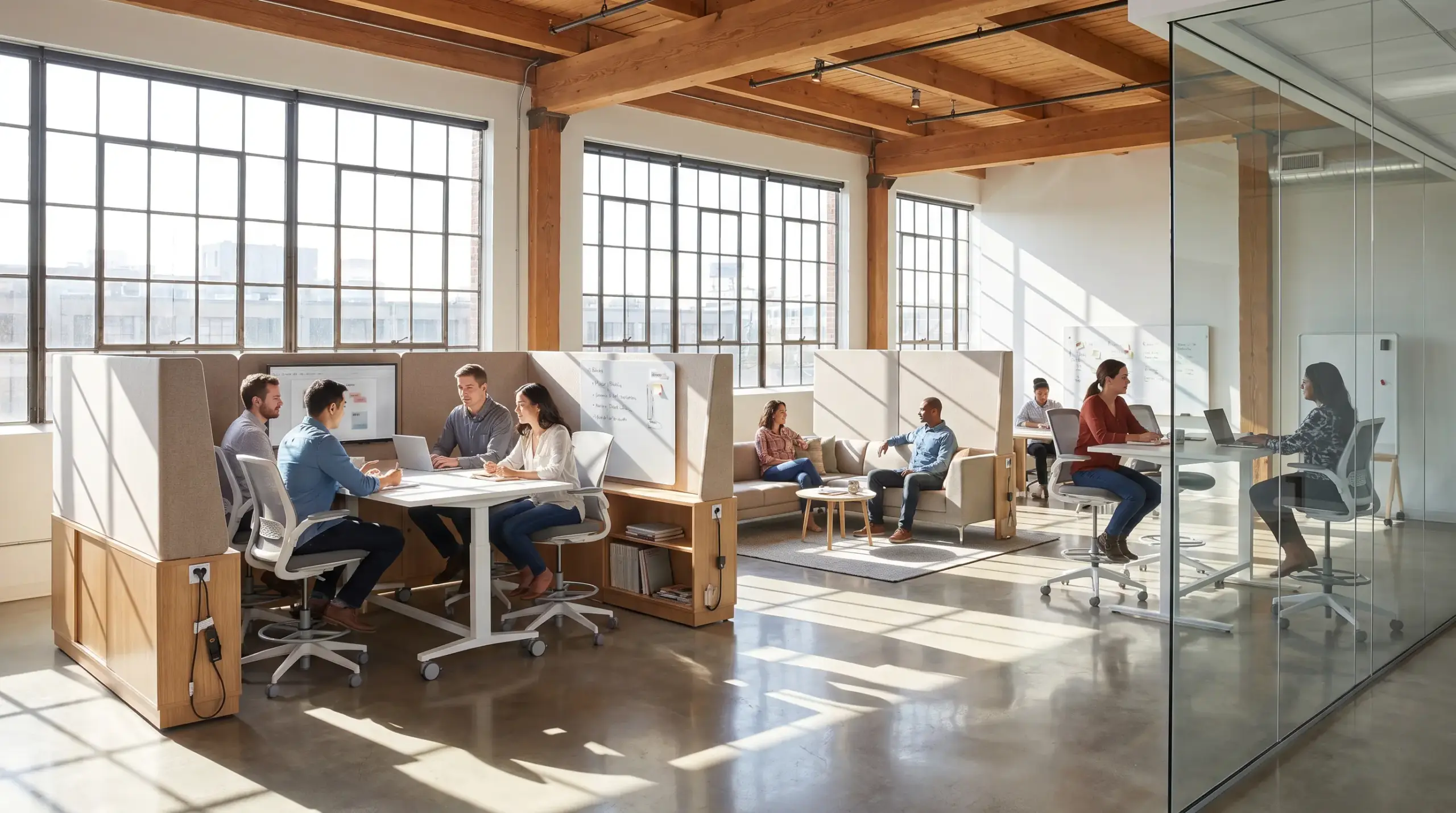 Modular office with moveable partitions, reconfigurable furniture, plug-and-play power, flexible work zones, and employees collaborating and focusing.