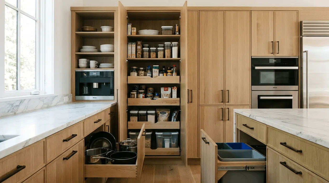 Modern built-in kitchen cabinets designed for organized daily storage and cooking.