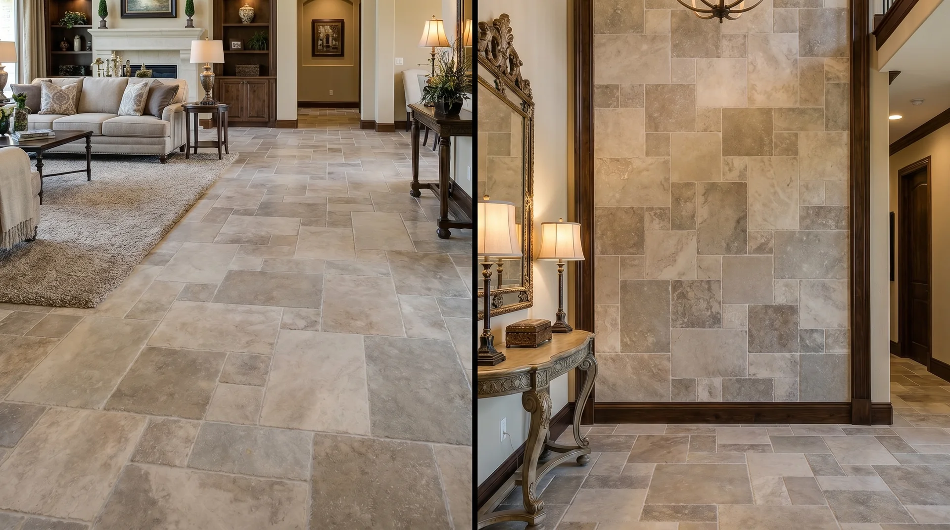Modular Versailles pattern with large natural stone tiles on the left floor and wall, creating a traditional, high-end look.