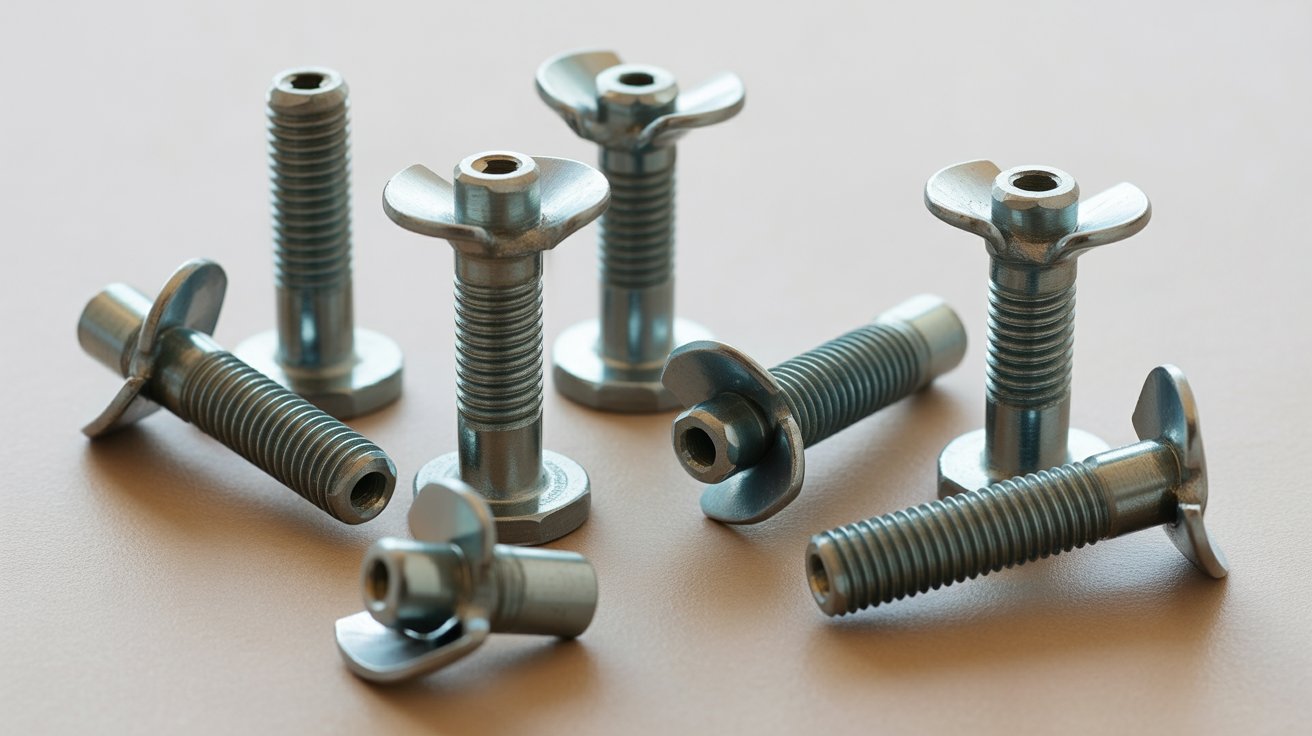 Metal molly bolts with expanding sleeves and screws, shown in a group on a light surface for drywall mounting.