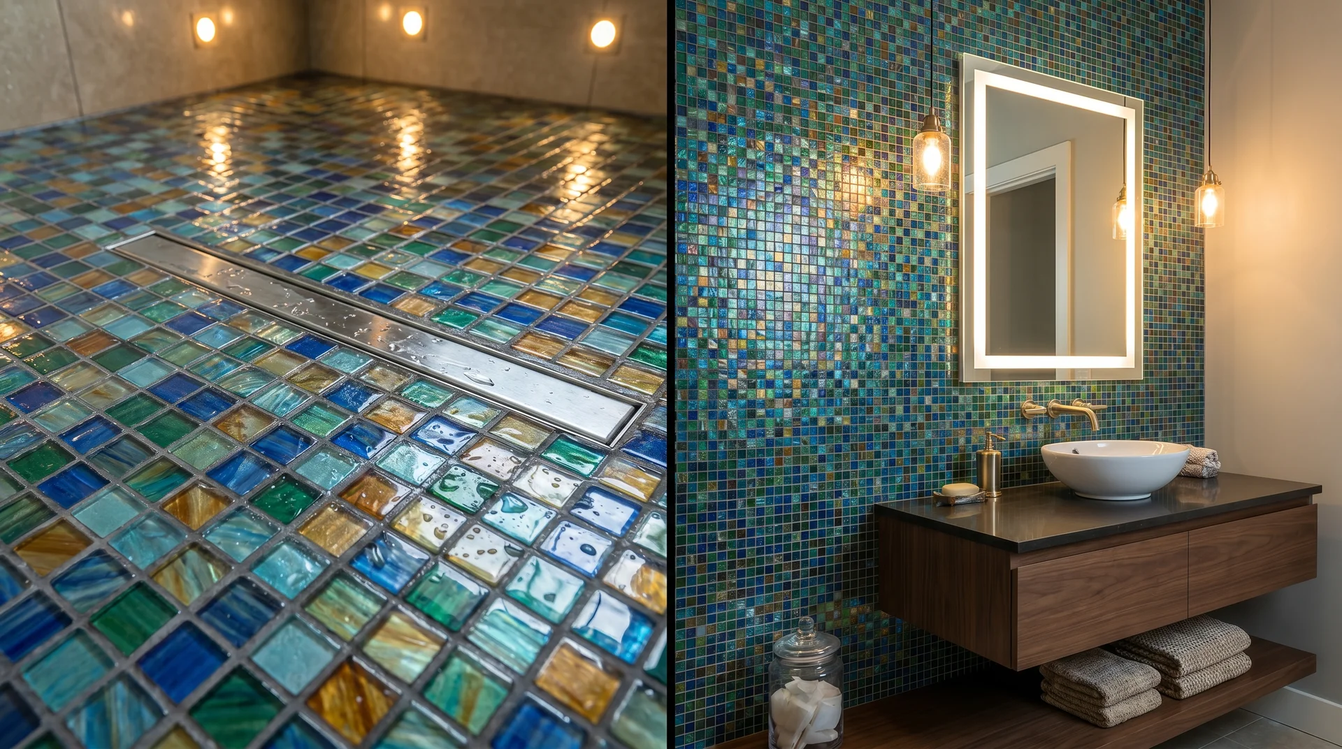 Colorful glass mosaic tiles on a shower floor and bathroom feature wall design.