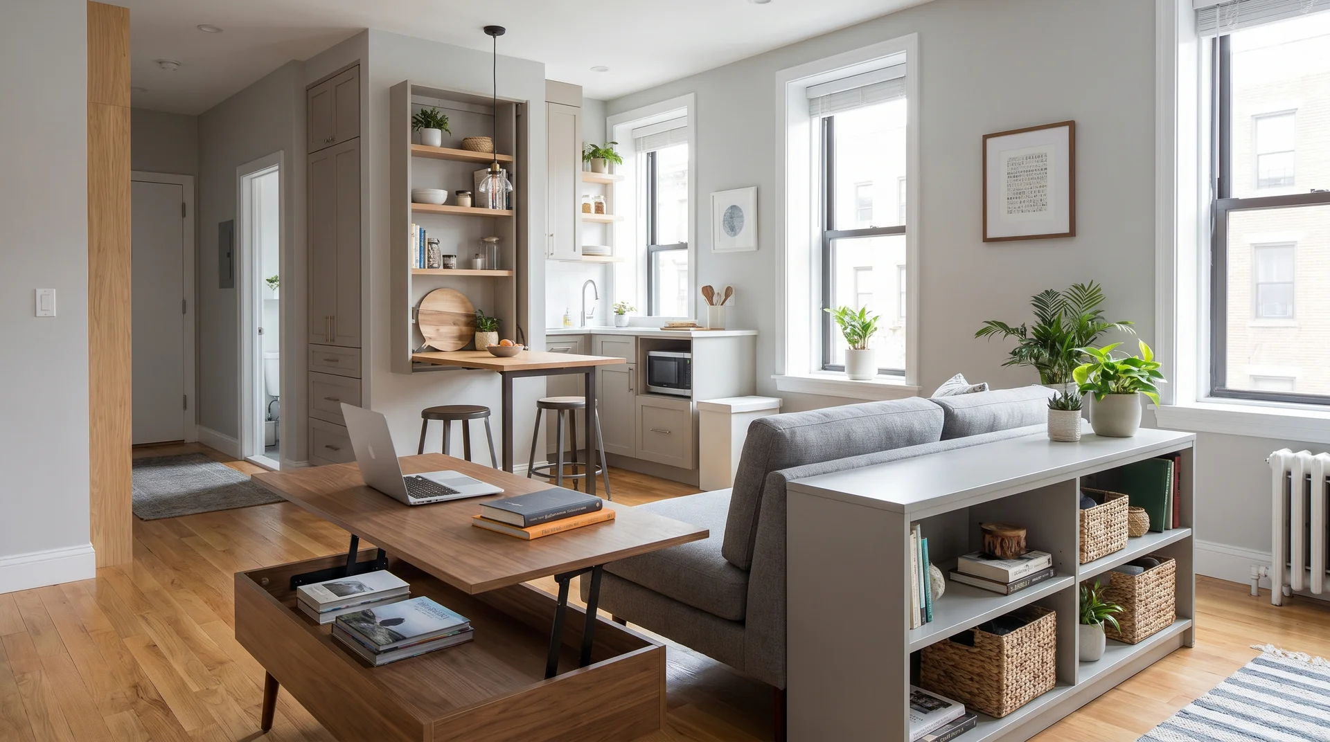 Lift-top coffee table and a sofa console table with storage baskets in a bright open-concept living room and kitchen.