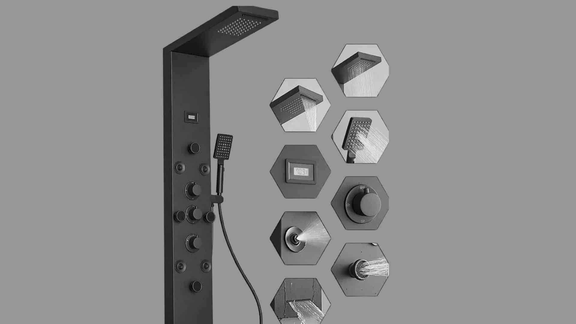 Black shower panel with rainfall head, handheld shower, body jets, temperature display, and multiple spray settings.