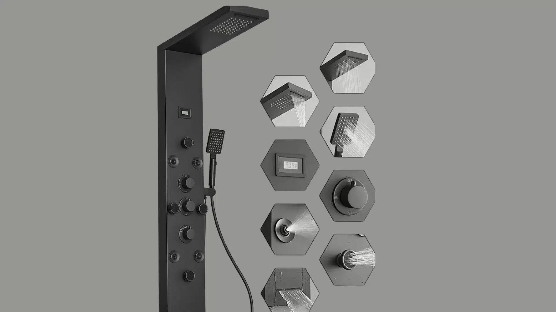 Black shower panel with rainfall head, handheld shower, body jets, temperature display, and multiple spray settings.