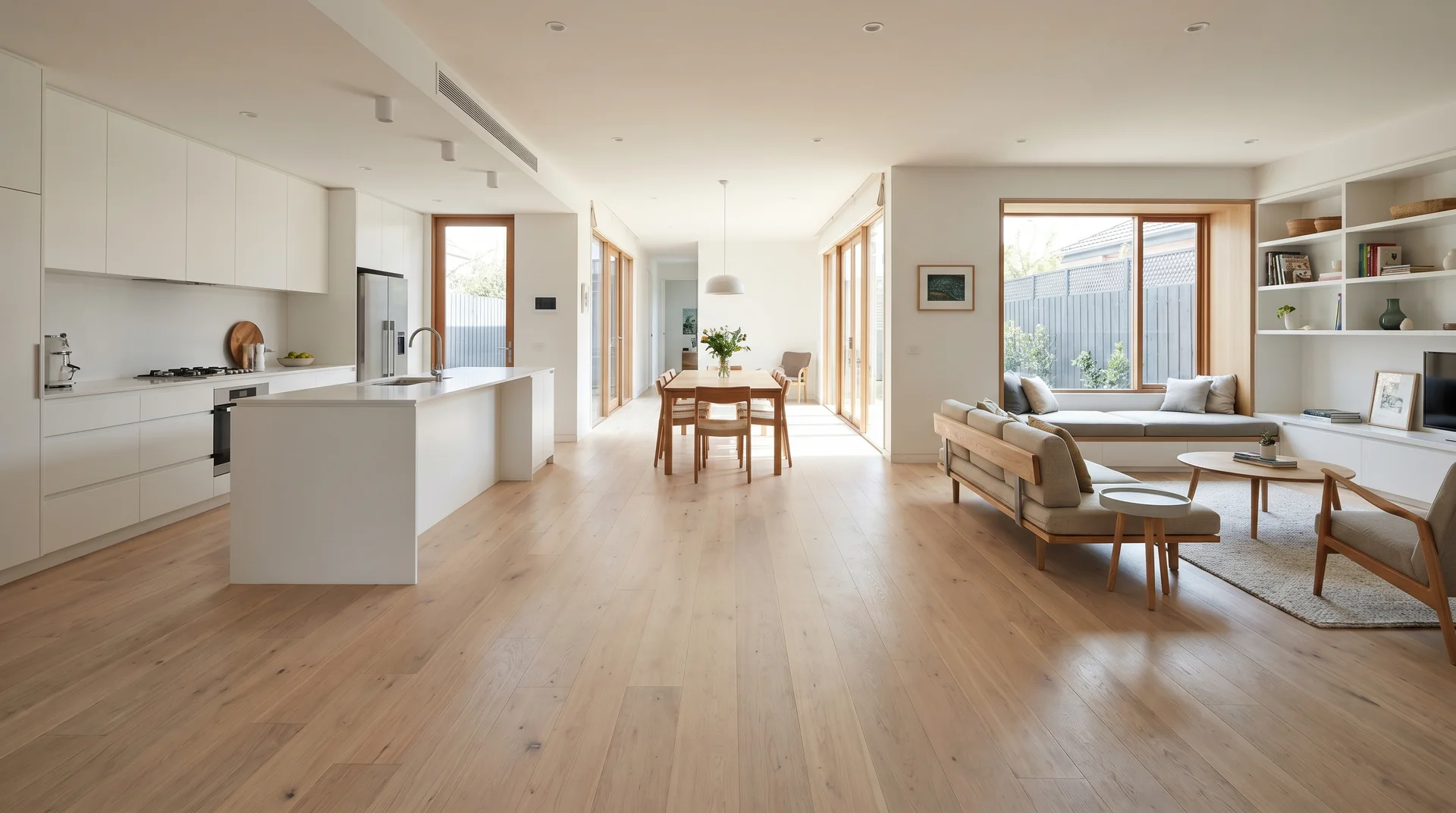 Long, narrow open layout with continuous wood flooring flowing from a white kitchen to a sunlit living room.
