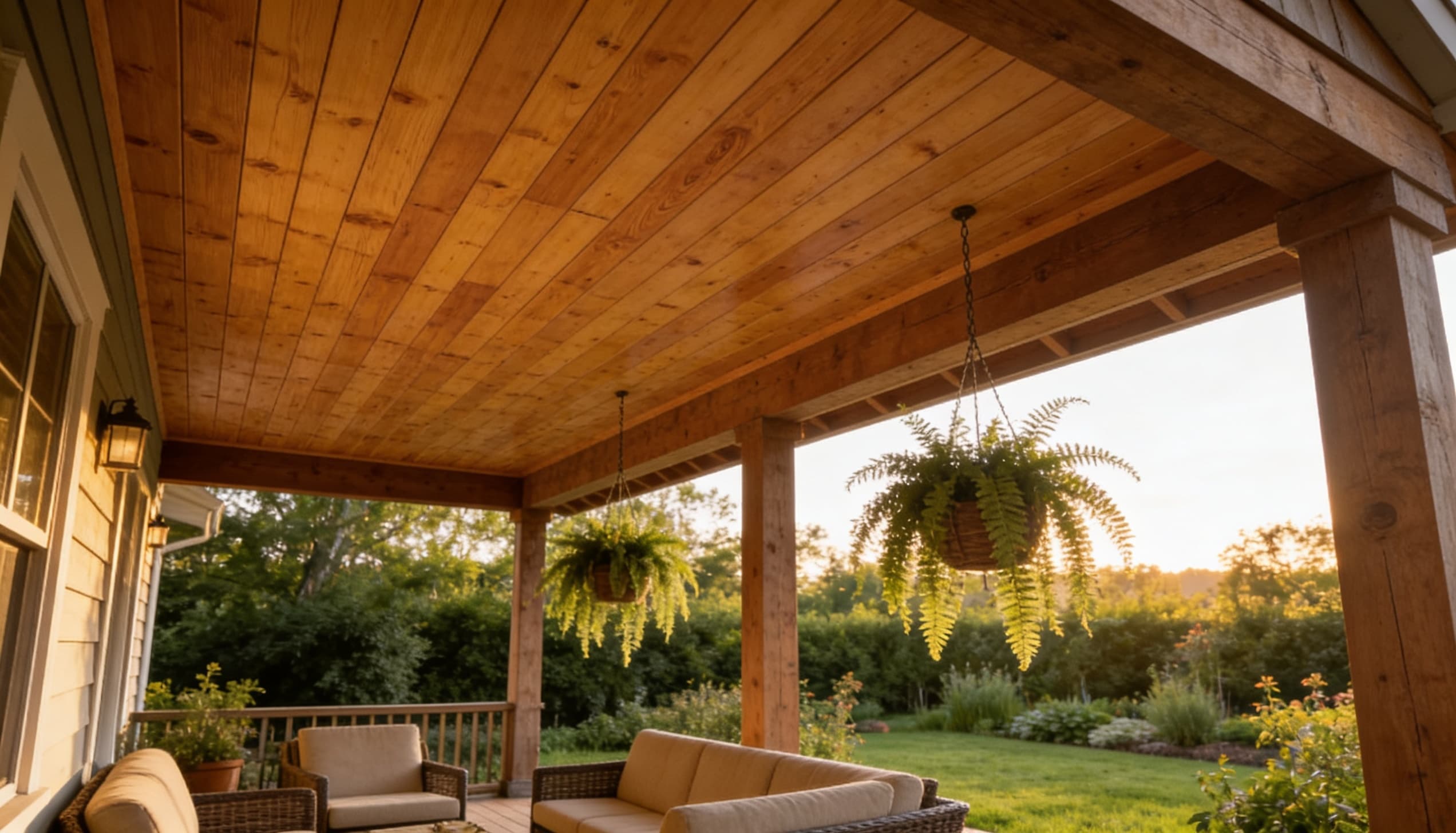 Covered outdoor patio with wooden ceiling, hanging plants, cushioned seating, and garden view at sunset.