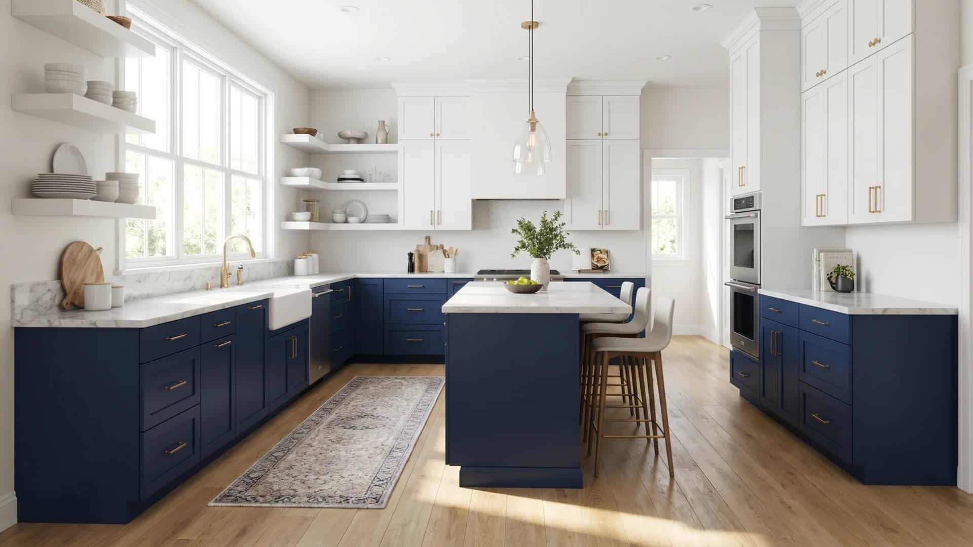 Navy blue painted kitchen cabinets with white countertops and open shelving in a modern, airy kitchen.