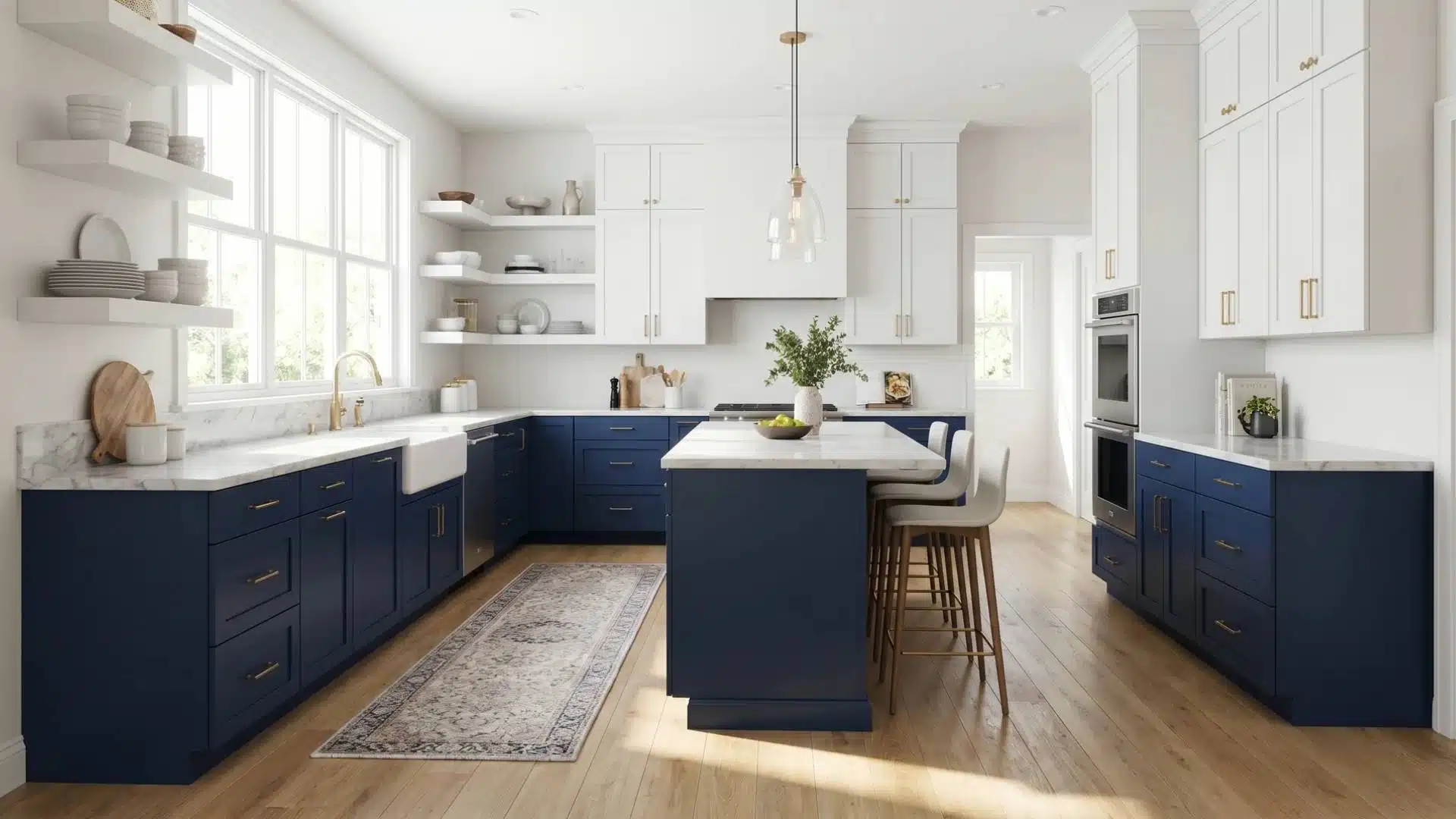 Navy blue painted kitchen cabinets with white countertops and open shelving in a modern, airy kitchen.