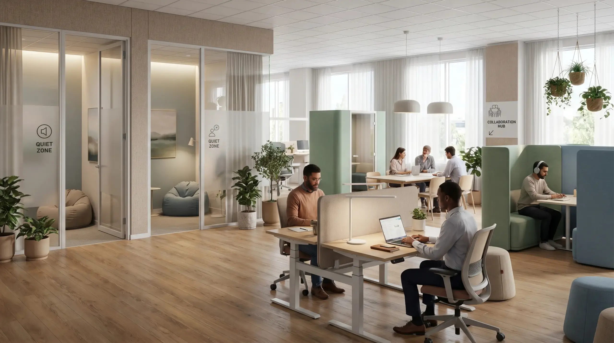 Neurodiversity-friendly office with quiet rooms, acoustic pods, adjustable lighting, clear visual wayfinding, flexible seating, and calm work zones.