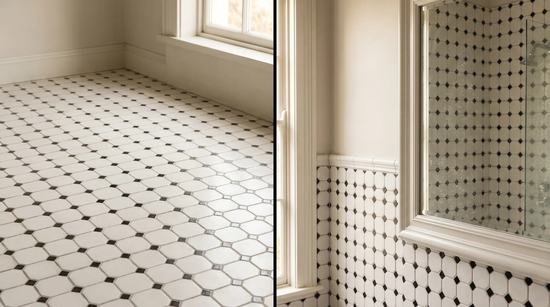 Octagon and dot tile pattern on a bathroom floor and wall with black accent inserts.