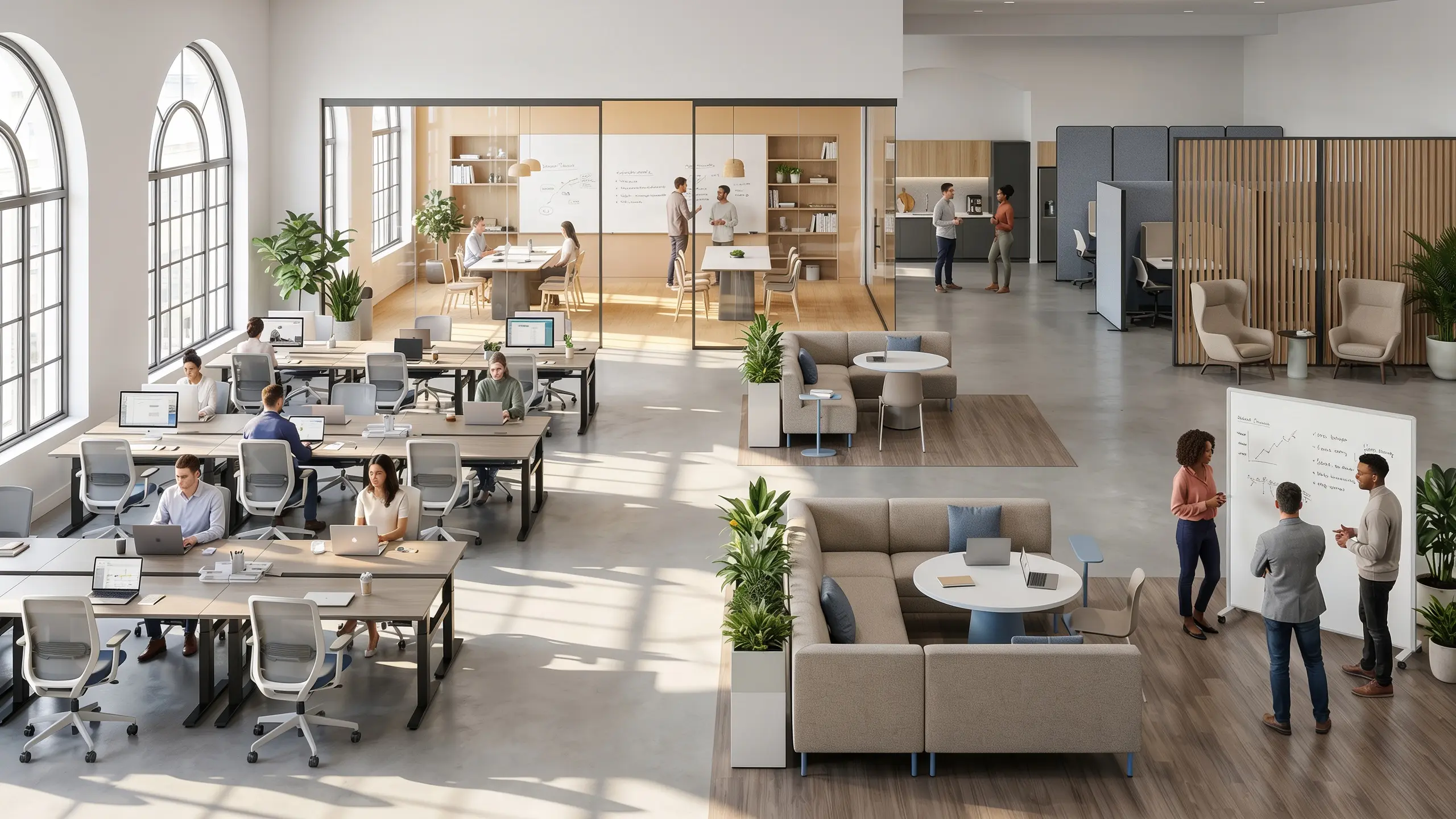 A modern open-plan workspace showcasing collaborative zones and flexible office layout ideas with sleek furniture.