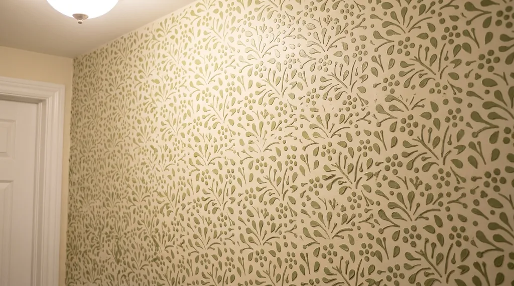 A textured wall with a green botanical design, featuring delicate leaves and soft curves, offering a natural and serene vibe.