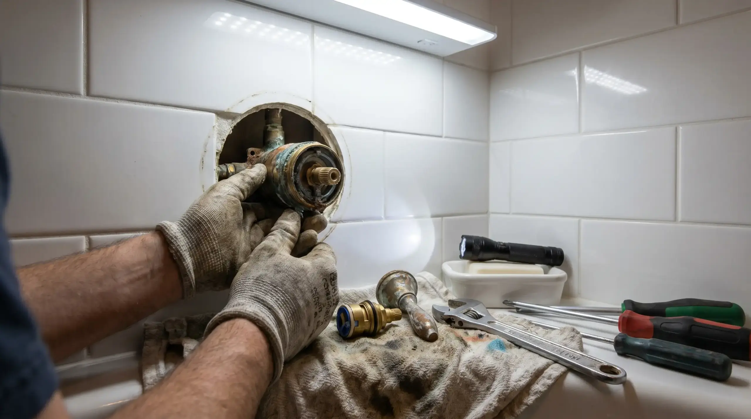 Hands examining a worn cartridge during old shower valve identification, with tools and valve components on a bathroom counter.