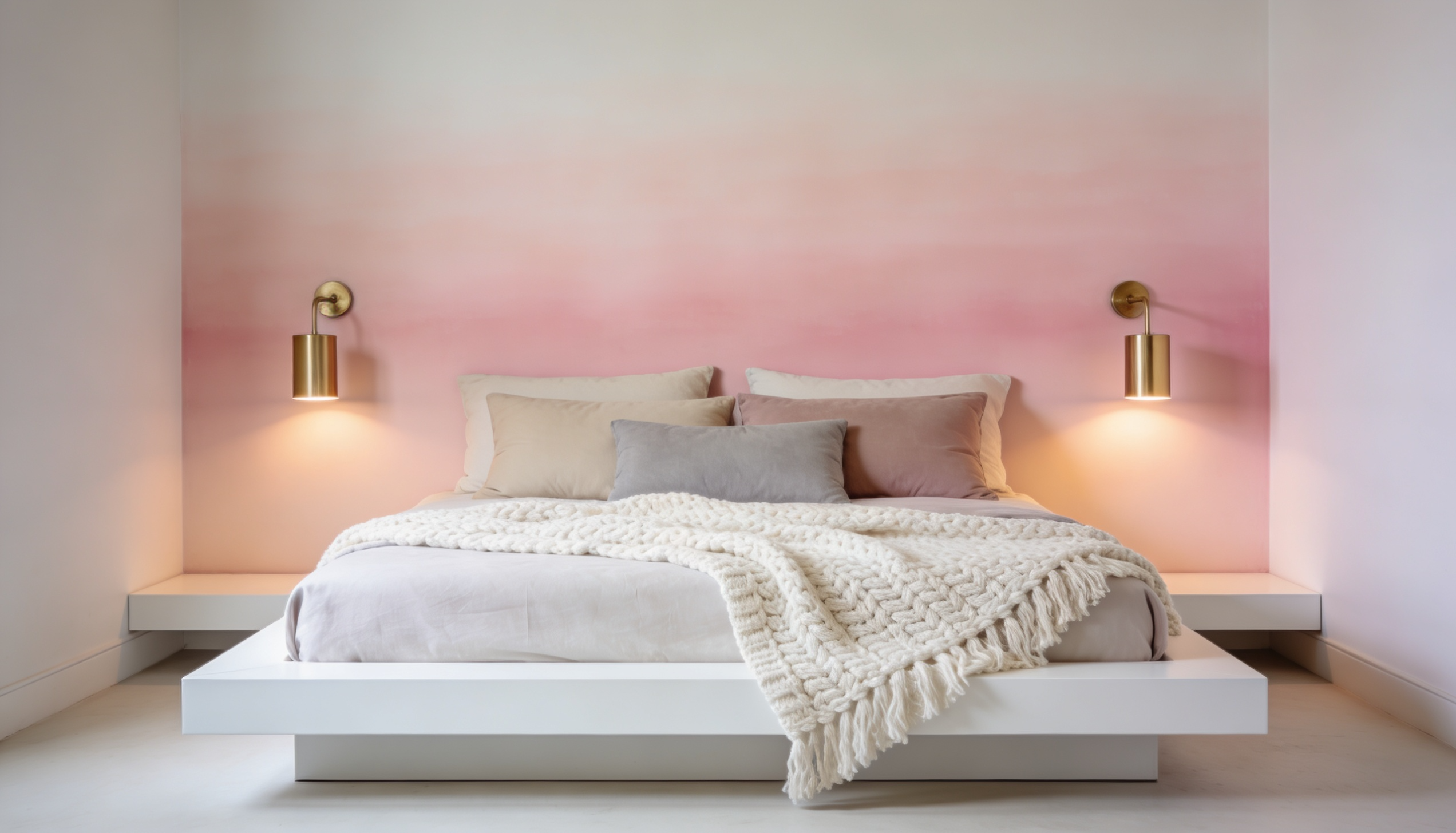 A minimalist bedroom featuring a soft pink ombre wall design behind a simple white bed with cozy neutral bedding.