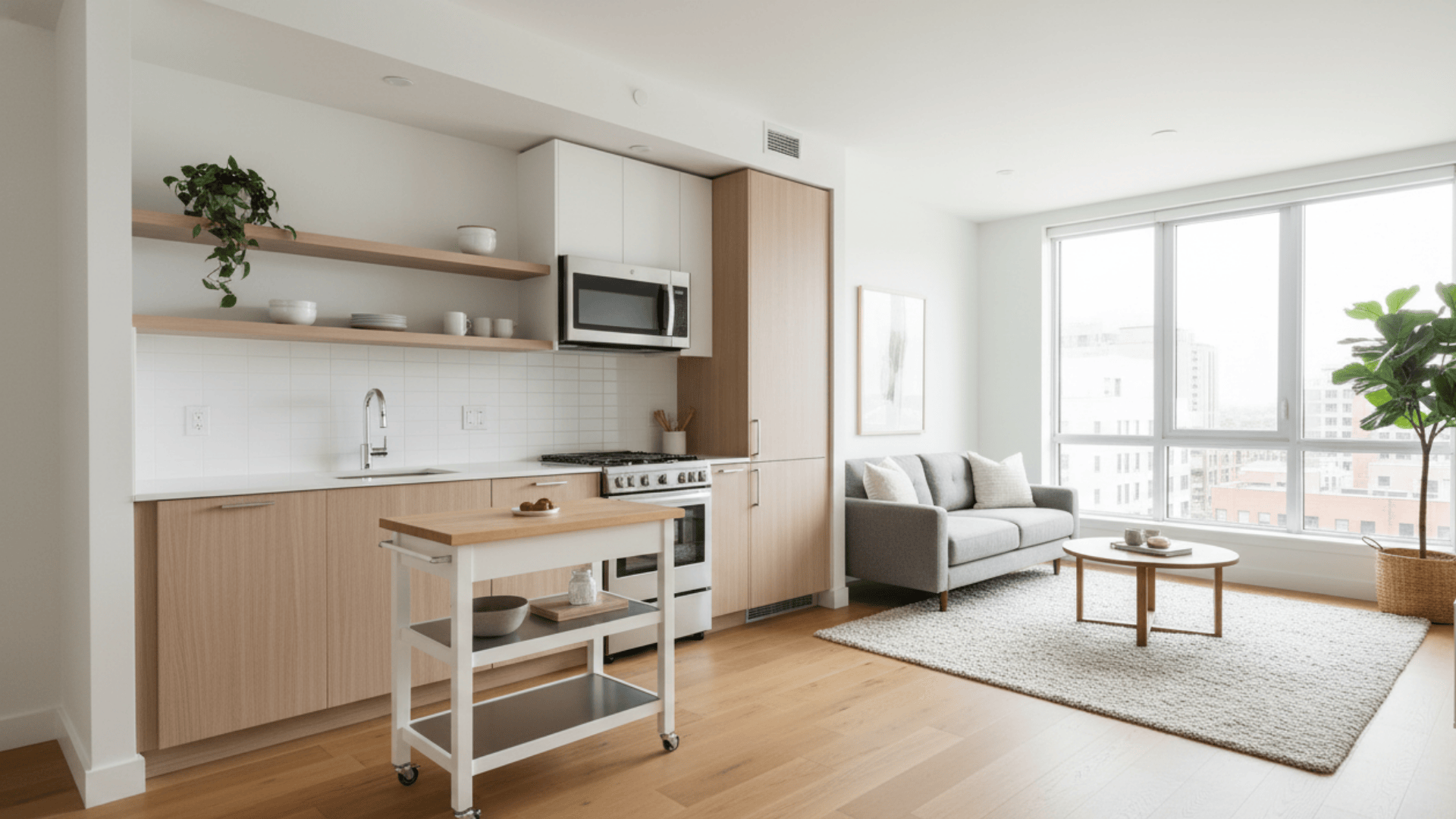 One-wall kitchen with light wood cabinets and a mobile island next to a bright living room with a grey sofa.
