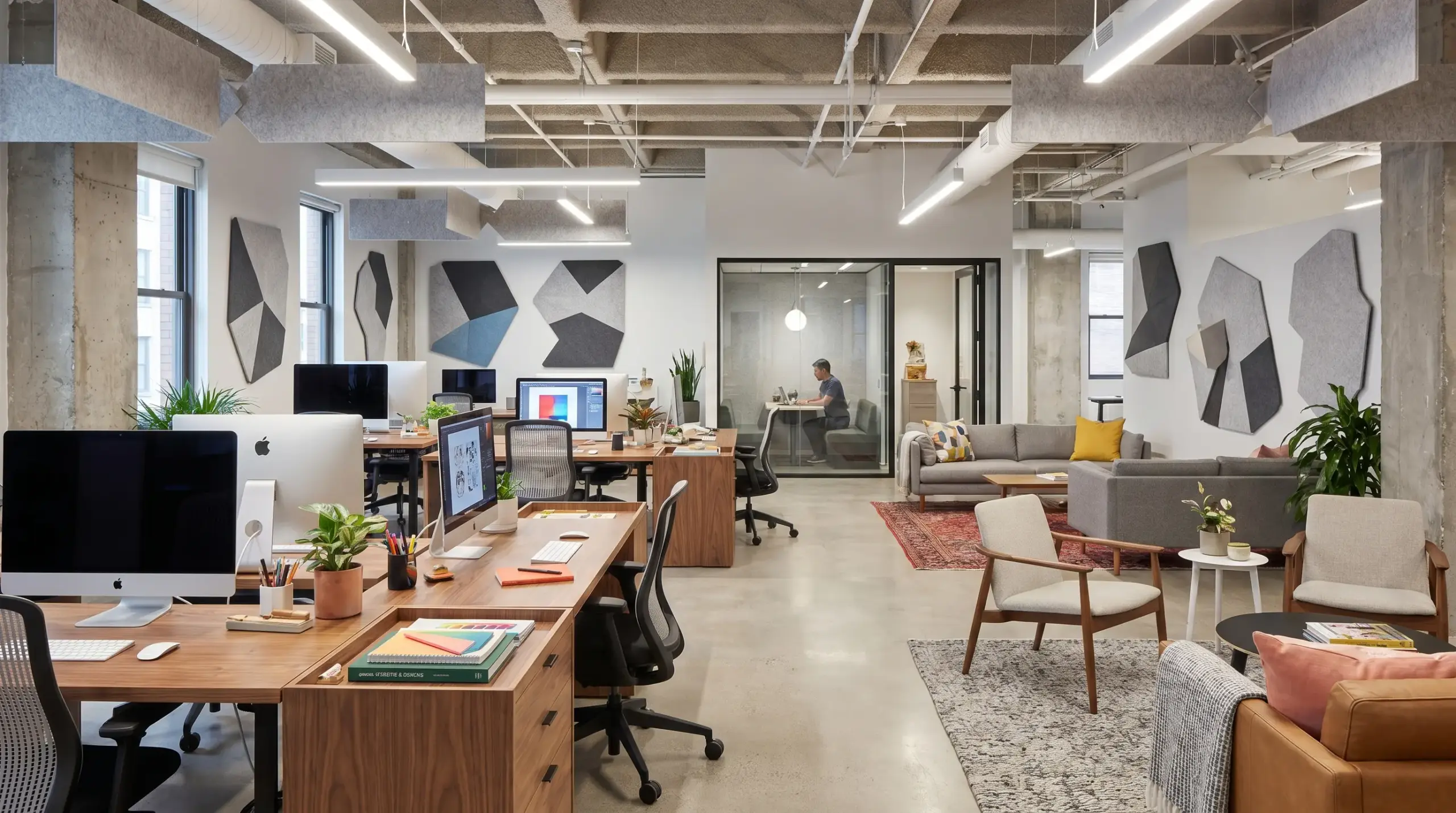 Modern office with clustered desks, open layout, collaborative zones, natural light, and indoor plants, showing a productive and professional workspace.