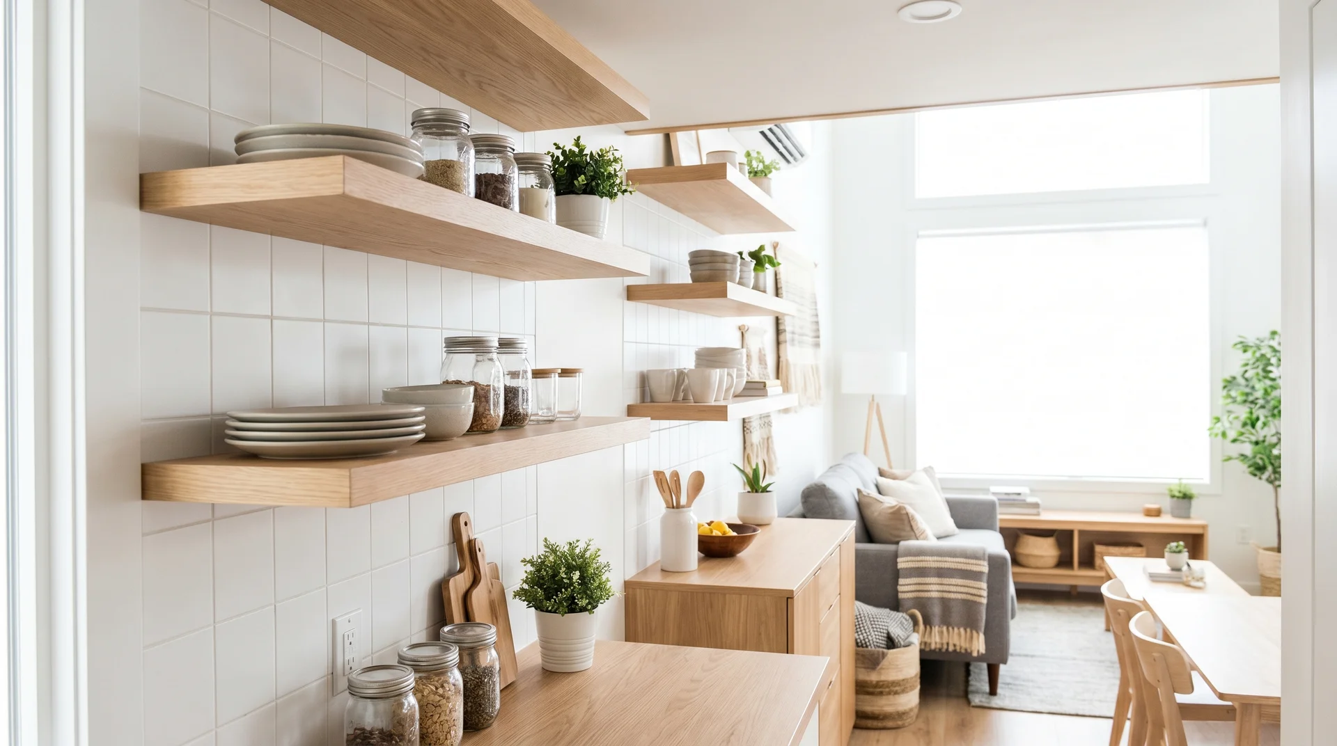 Light wood open shelves stacked with white dishes, creating a line of sight into a neutral-toned open-concept living room.