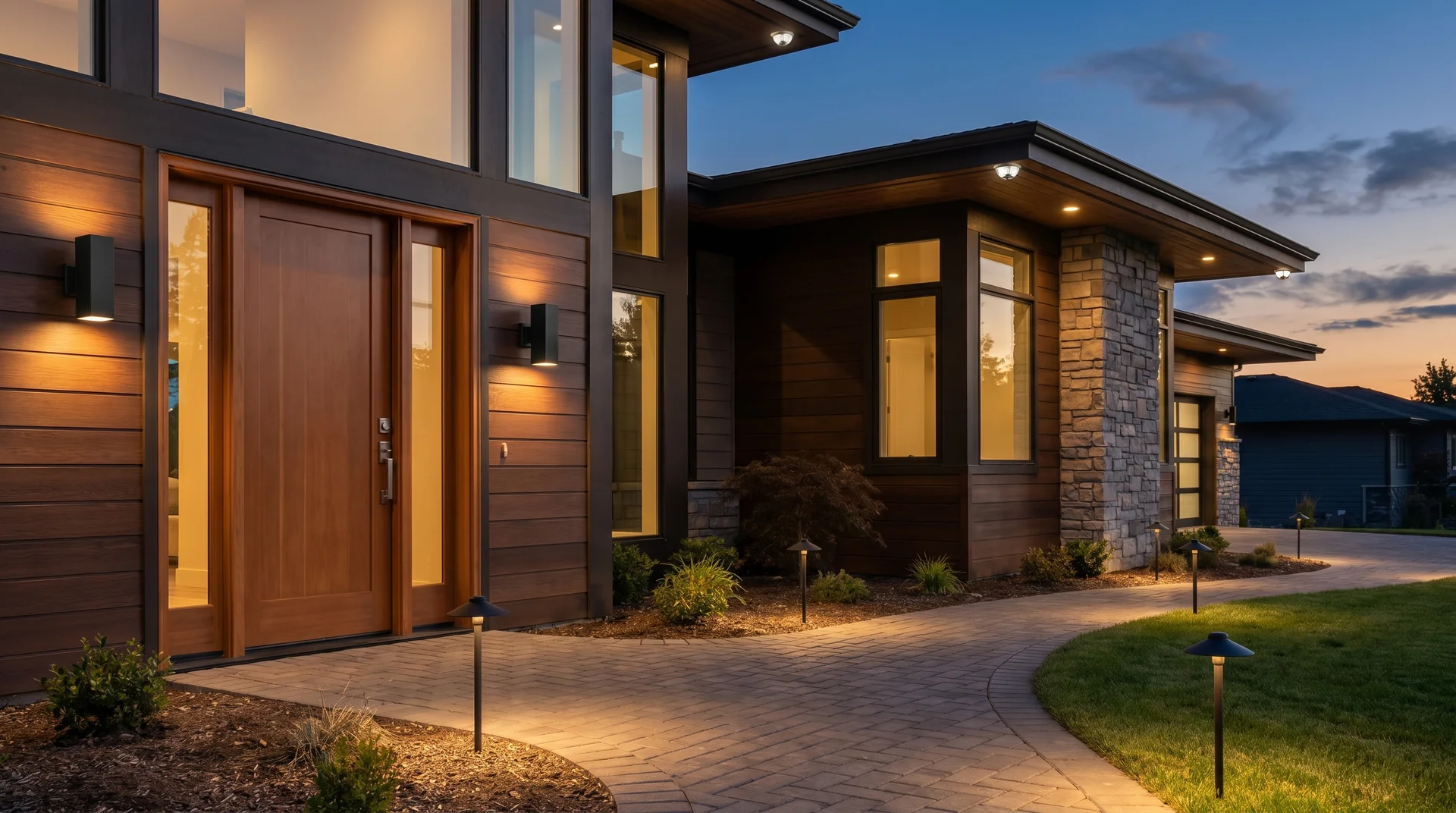 Modern home exterior at dusk with illuminated pathway lights, entry sconces, and warm window lighting.