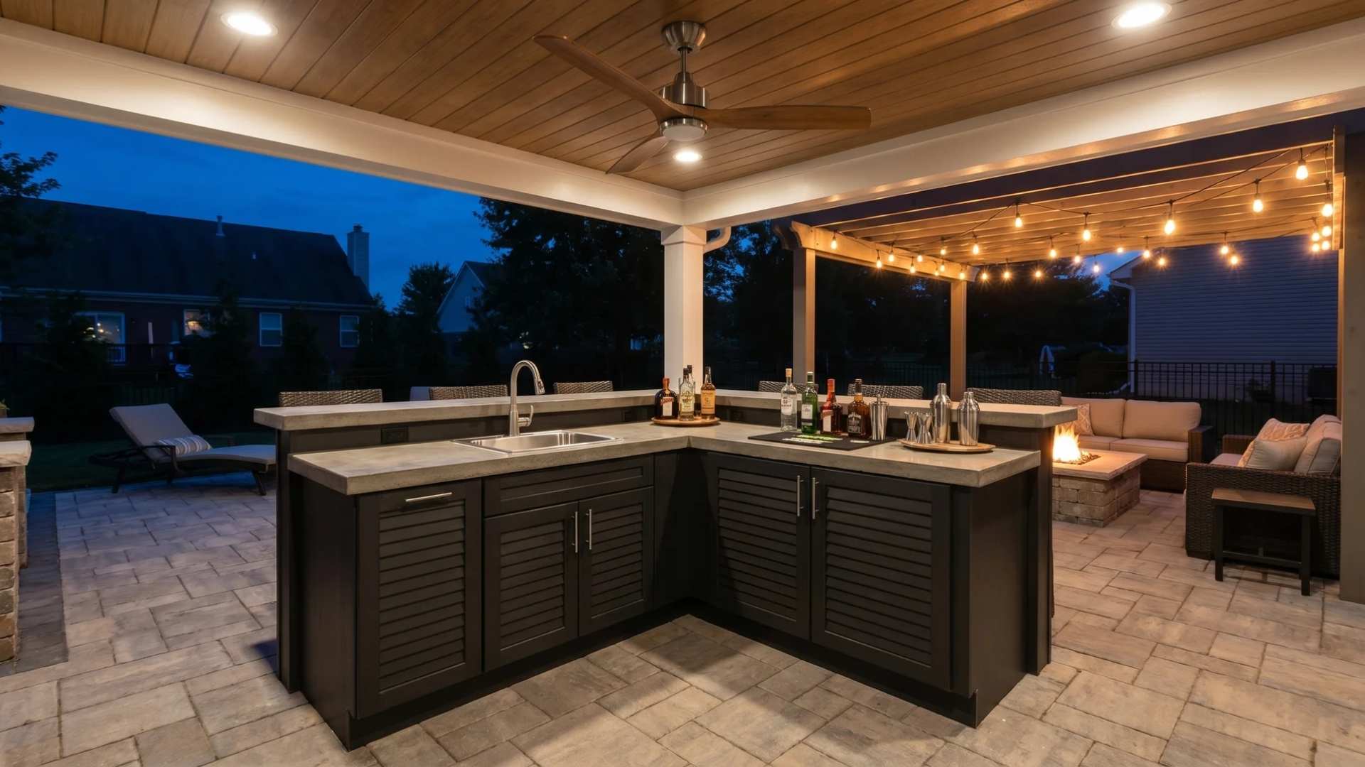 Outdoor wet bar with covered patio, string lights, sink, and built-in seating area.