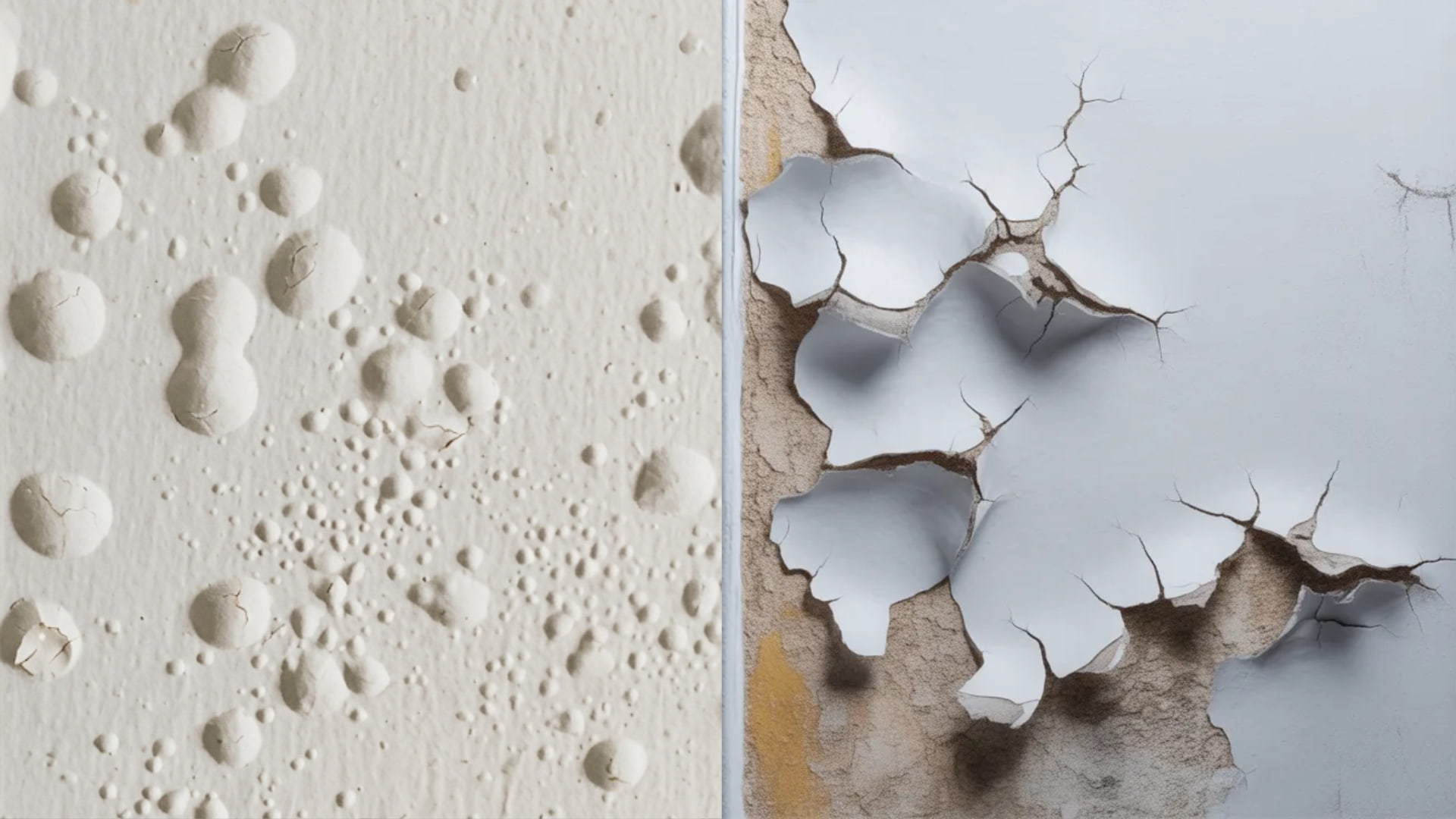 Side-by-side comparison of paint bubbling versus paint blistering on a wall.