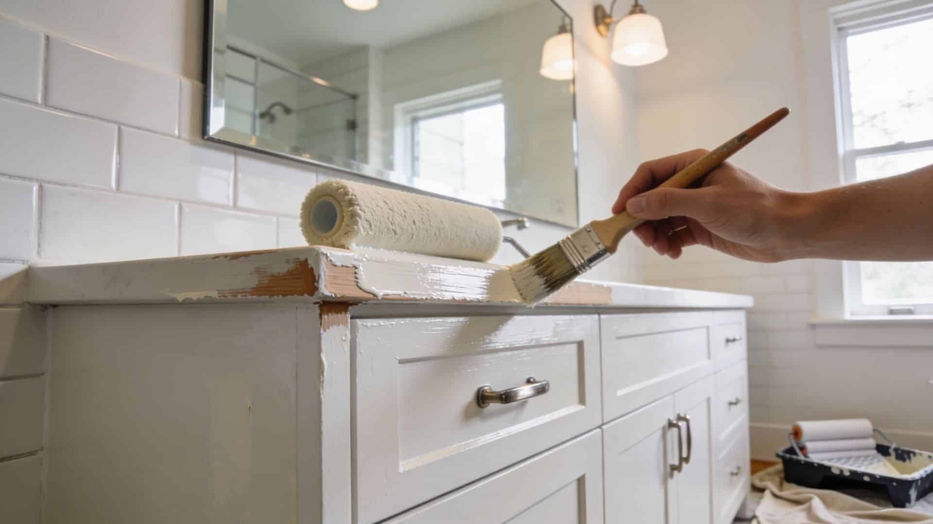 Painting bathroom vanity cabinet with brush and roller during a refinish bathroom vanity makeover in bright modern bathroom.