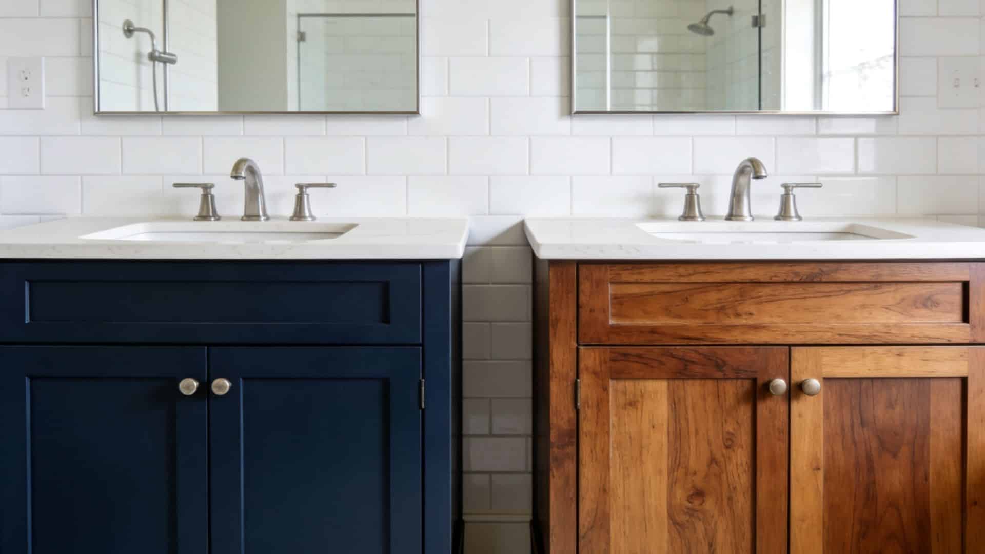Comparison of painted navy and stained wood cabinets showing two popular ways to refinish bathroom vanity styles beautifully.