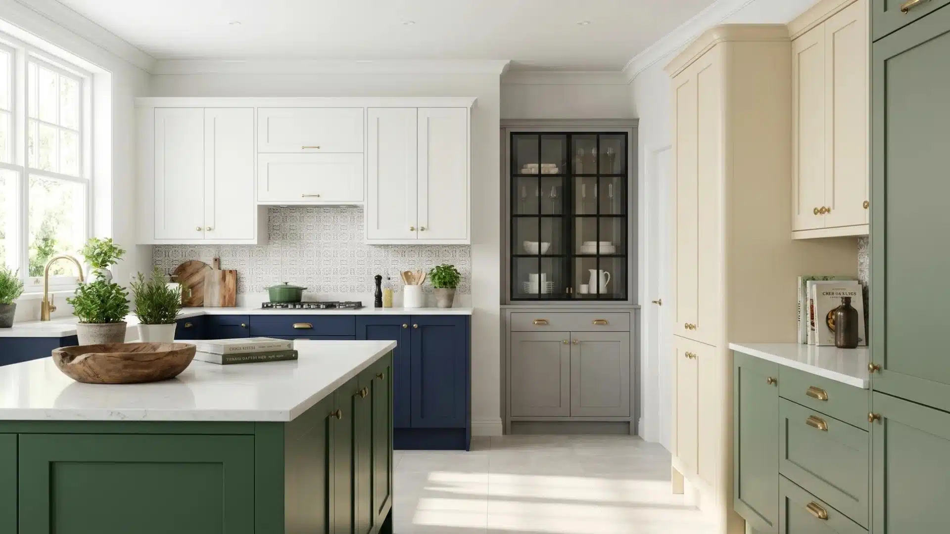 Sunlit kitchen featuring green, navy, and cream painted kitchen cabinets with white countertops and gold hardware
