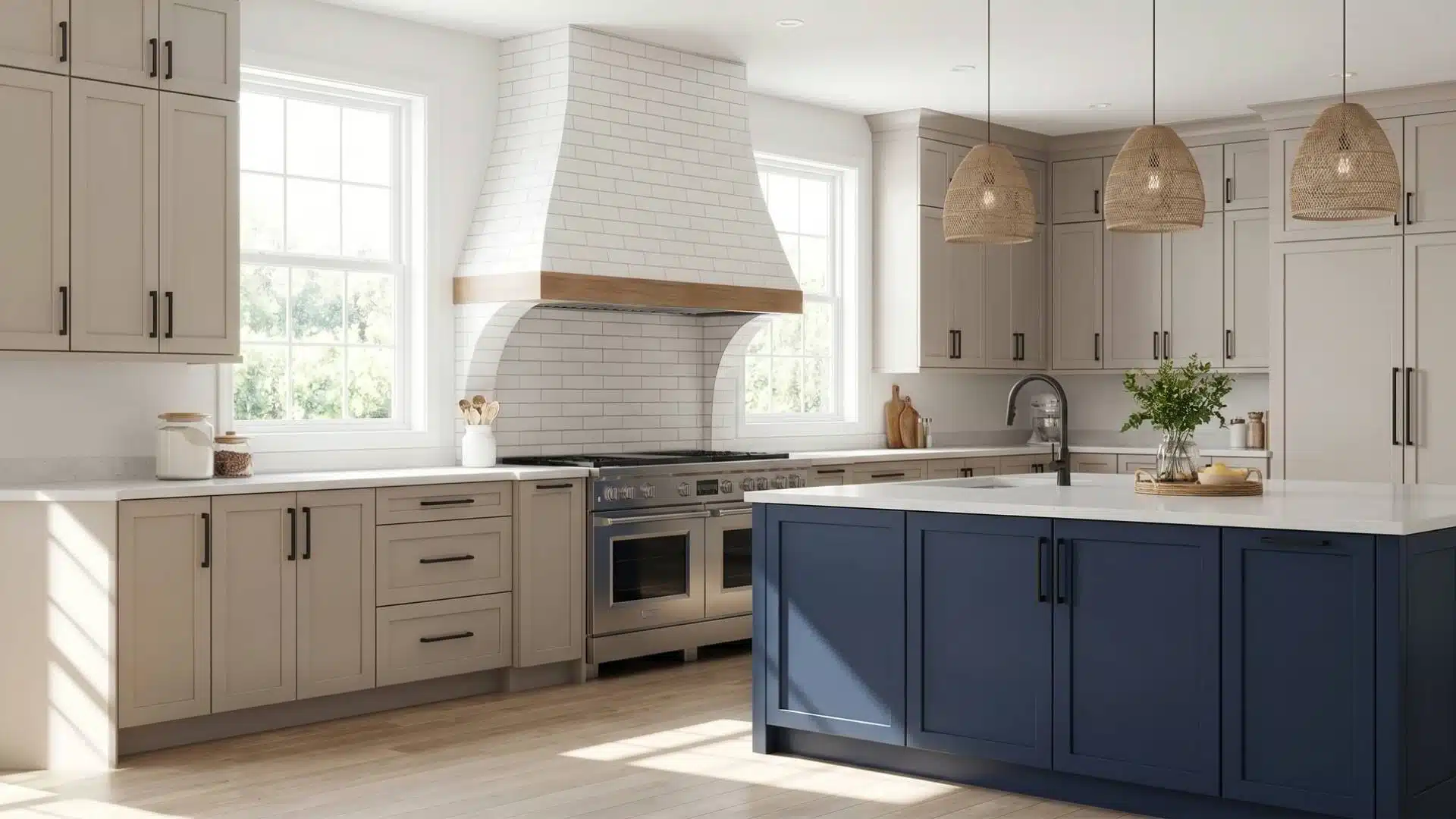 Neutral beige painted kitchen cabinets paired with a contrasting navy painted kitchen island and natural wood accent