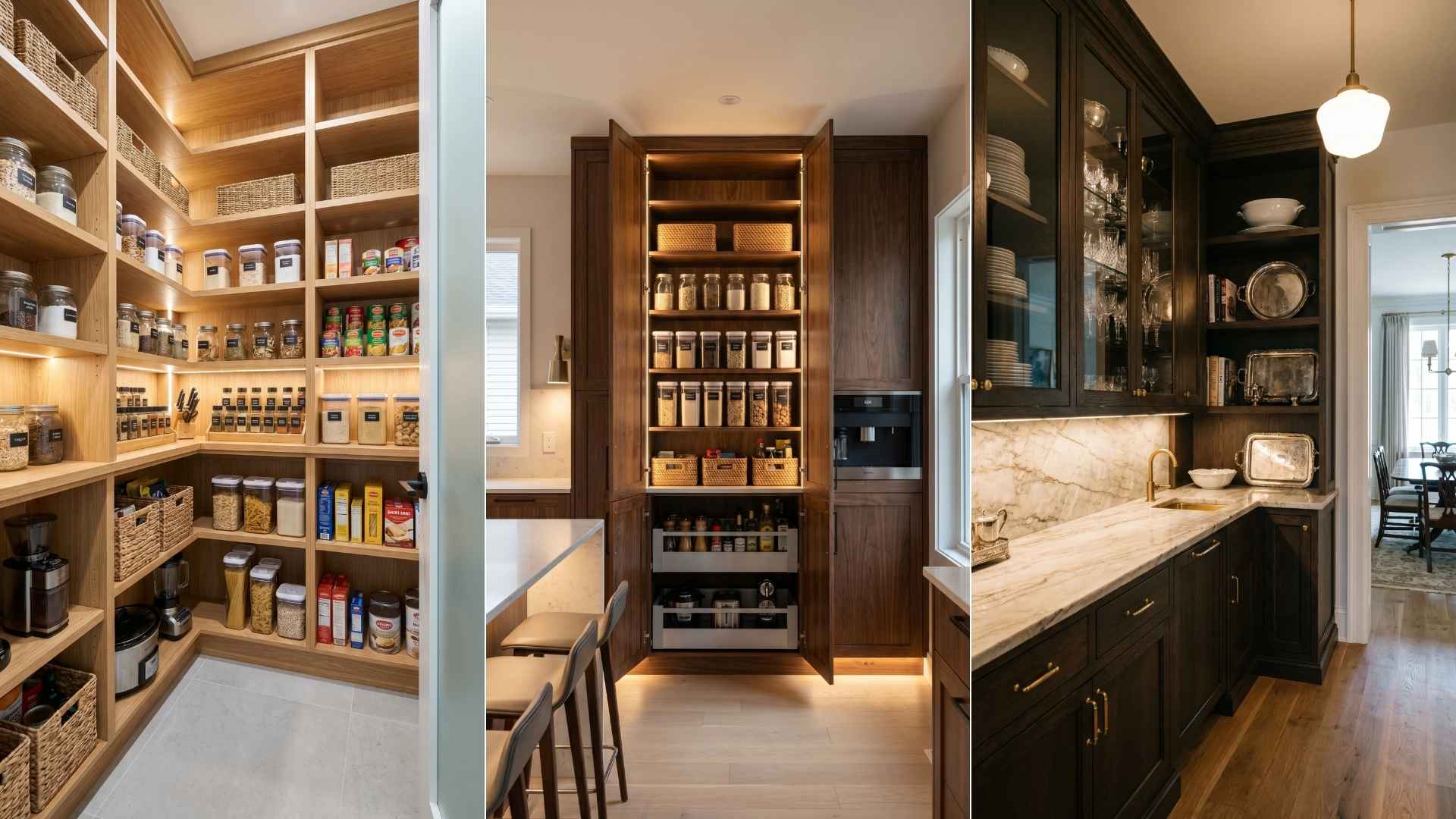 Kitchen pantry closet with shelves full of jars, cans, and baskets, showing walk-in, cabinet, and butler's pantry.