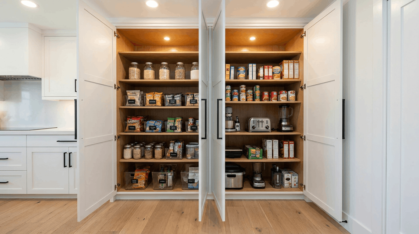 Floor to ceiling white pantry cabinet open showing organized deep interior shelving.