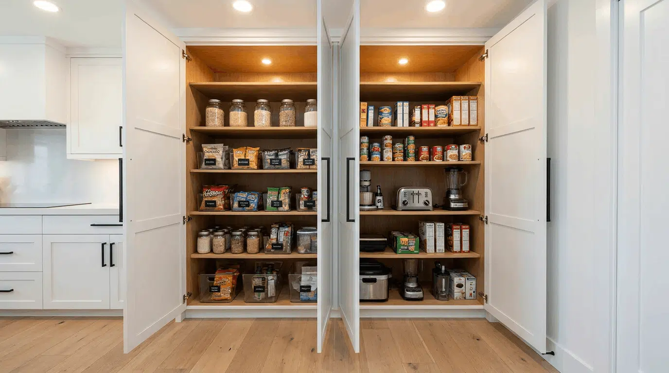 Floor to ceiling white pantry cabinet open showing organized deep interior shelving.