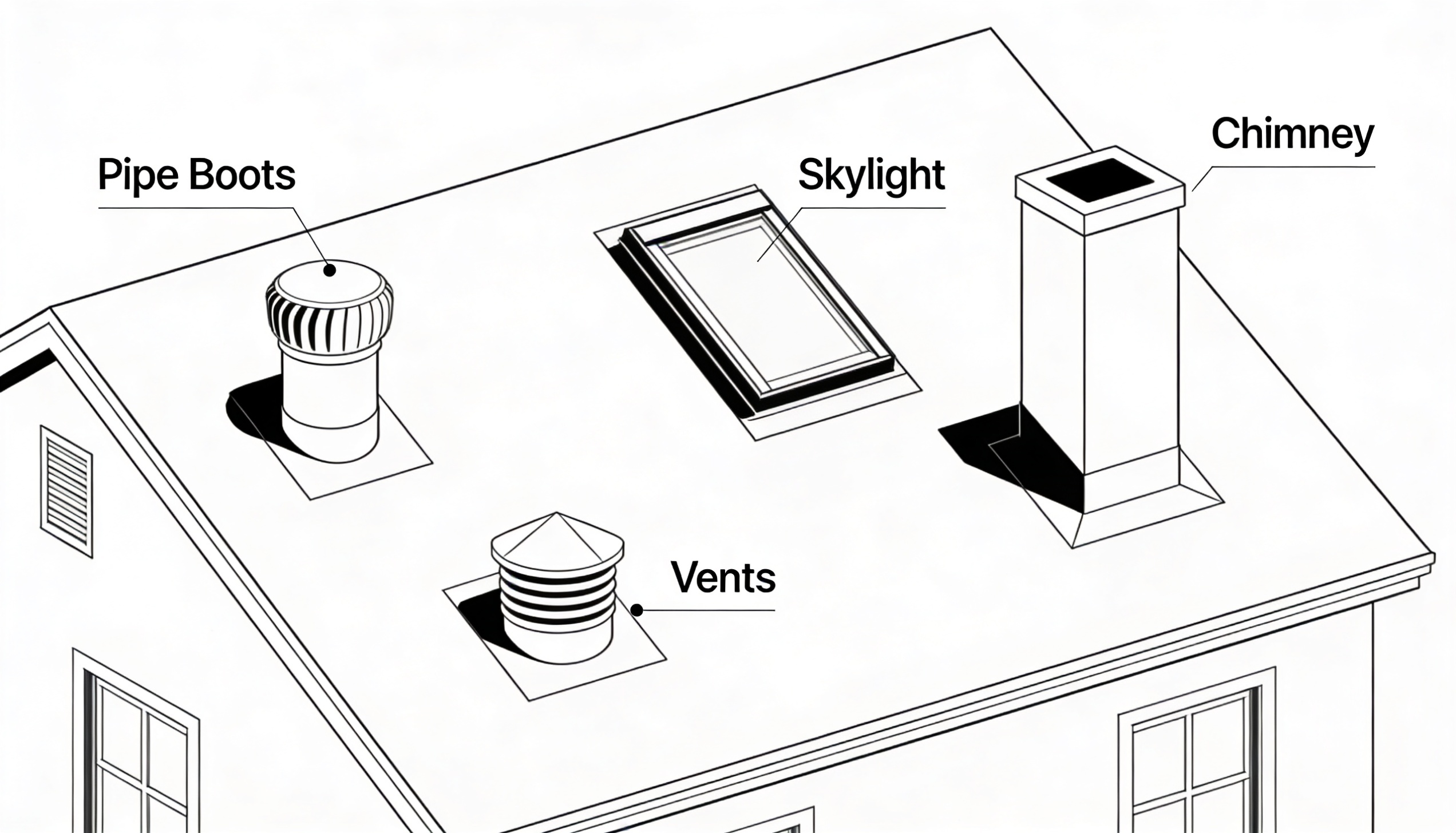 Metal roof penetration diagram showing pipe boots, vents, skylight, and chimney locations