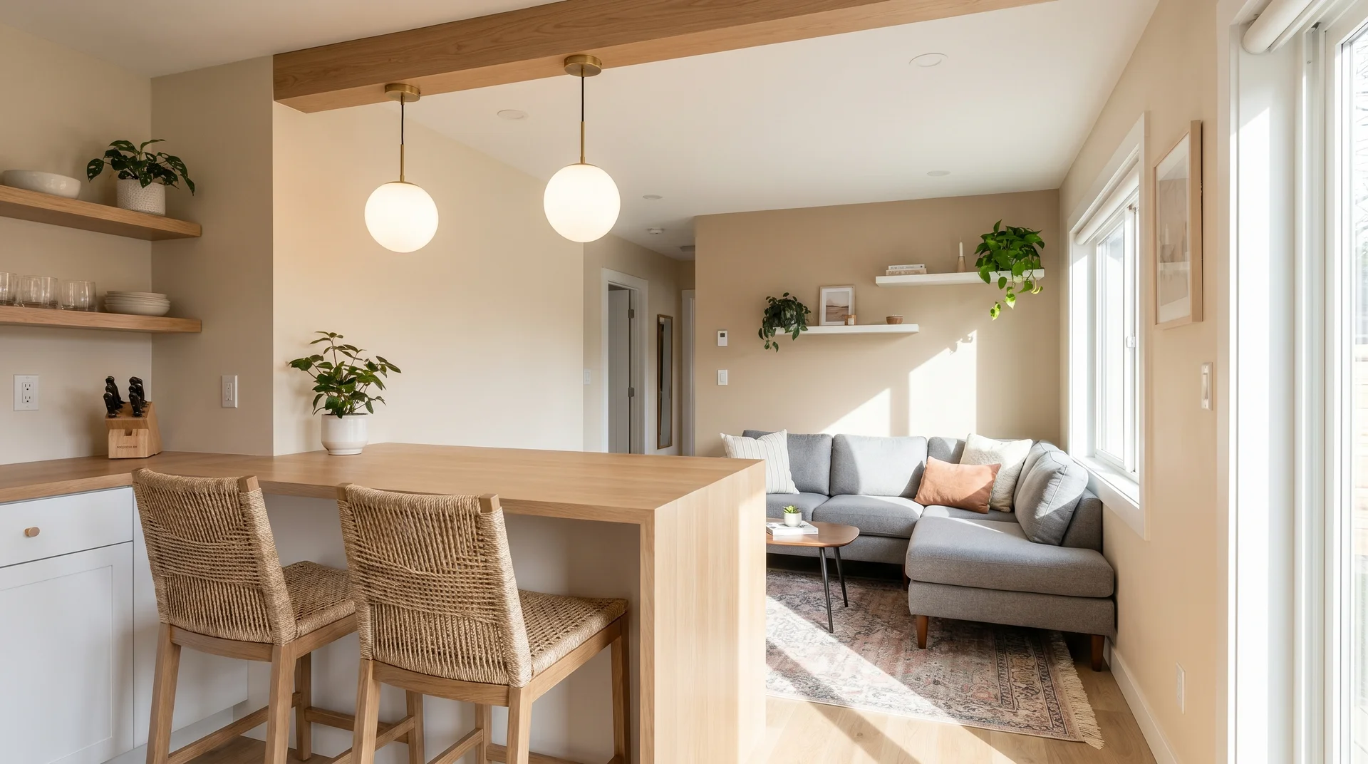 Light wood kitchen peninsula with wicker barstools separating a small kitchen from a bright living room with a grey sectional.