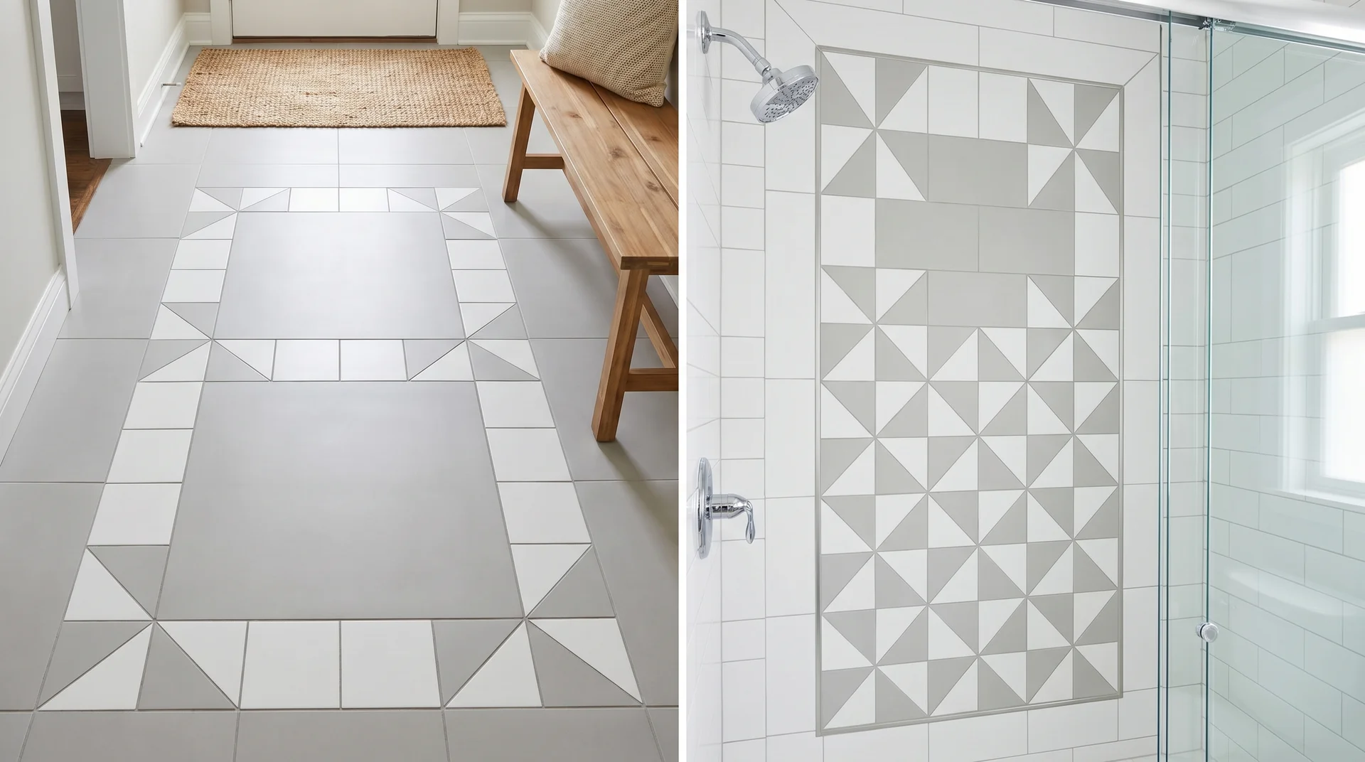 Windmill (Pinwheel) pattern with gray and white tiles on the left floor and wall in a modern bathroom with geometric design.
