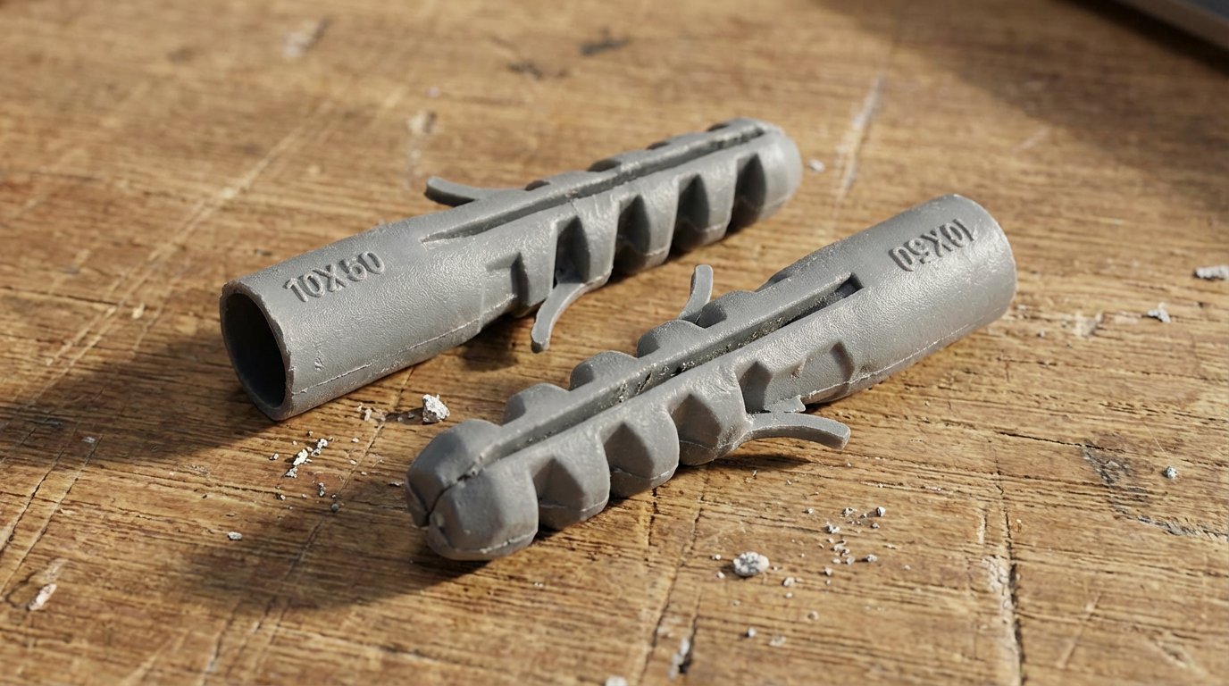 Plastic expansion drywall anchors on a wooden surface, showing a ribbed body design for lightweight wall mounting tasks.