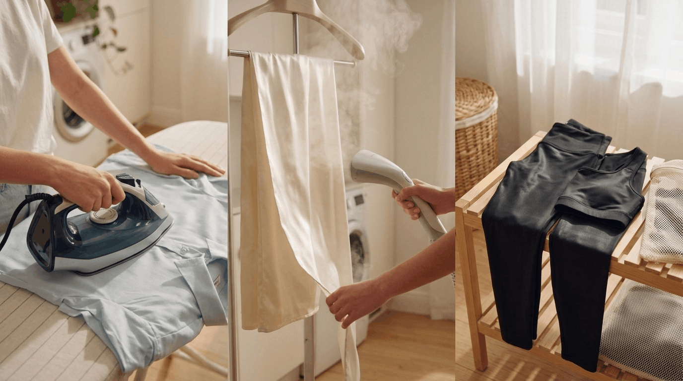 Cotton polyester satin and spandex fabrics shown with different care methods like ironing steaming and no heat treatment for fabric safety